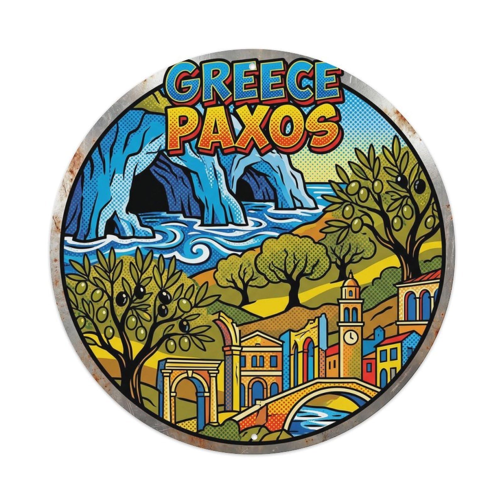 Paxos Caves Greek Pop Style Coastal Travel Metal Tin Sign Plaque Wall Decor for Cafe, Man Cave, Club Bar, Office, Home Garden Round Metal Poster 8x8Inch