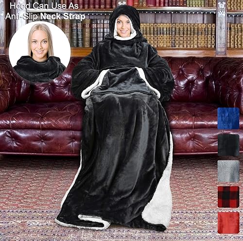 Miniatura 8 de Tirrinia - Capa de manta de sherpa para adultos, muy suave, cómoda y cálida con mangas, para ver TV, para descansar en el sofá, de 72 x 55 pulgadas