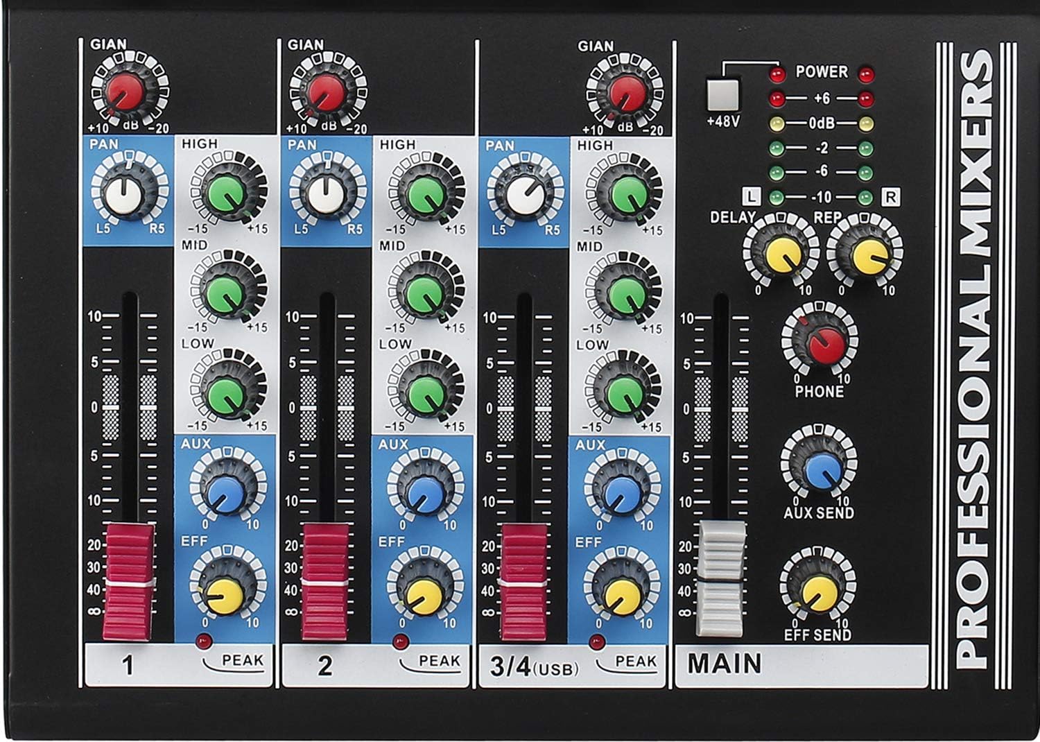Boytone. Professional Audio Mixer Sound Board Console System Interface 4 Channel Digital USB Bluetooth Digital MP3 Computer Input 48V Phantom Power Stereo DJ Studio Streaming FX processor (BT-34MX)