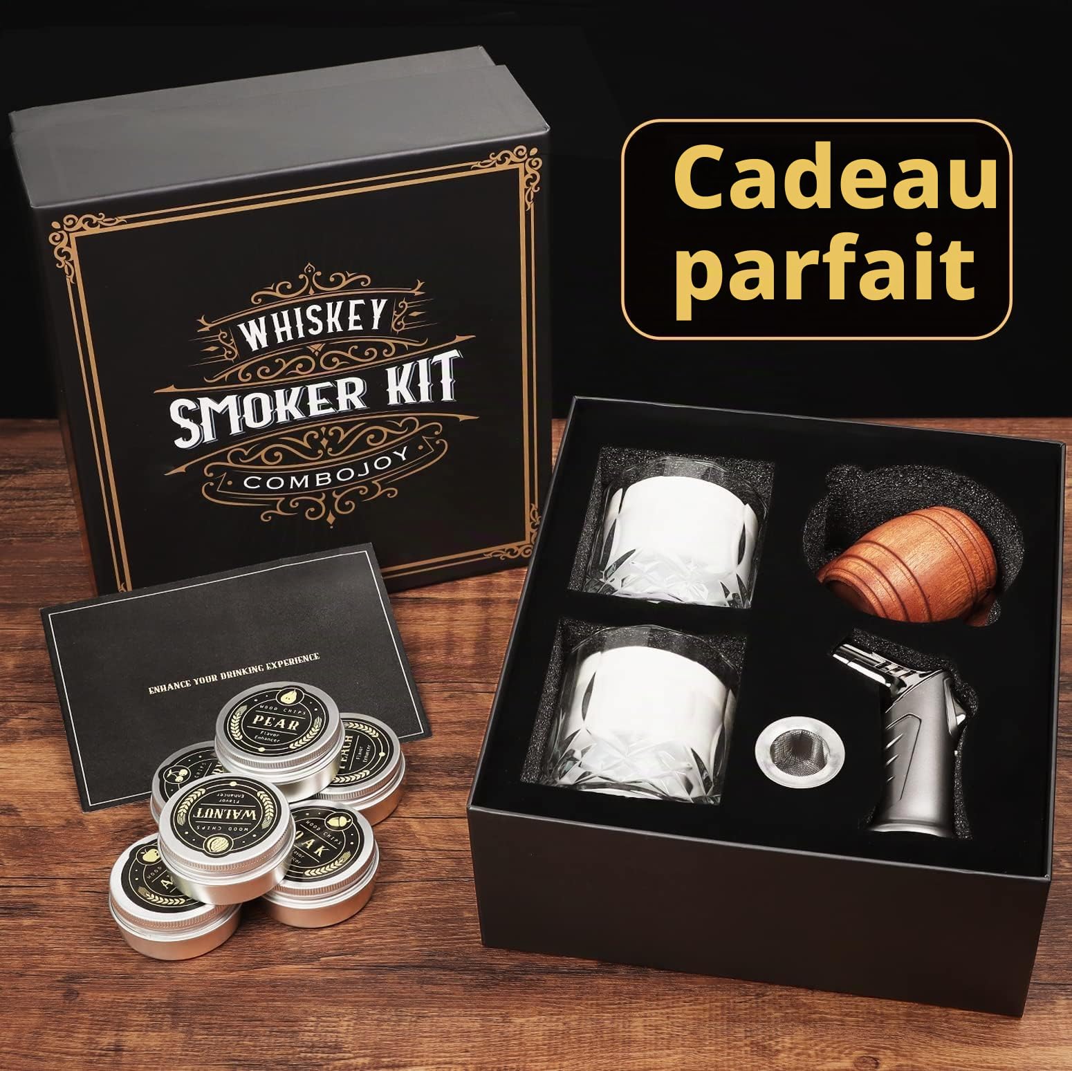 Kit de Fumoir pour Whisky avec Chalumeau - 6 Arômes de Copeaux de Bois, 2 Verres, 2 Moules à Glaçons Sphériques - Kit Fumoir Cocktail, Cadeau Homme