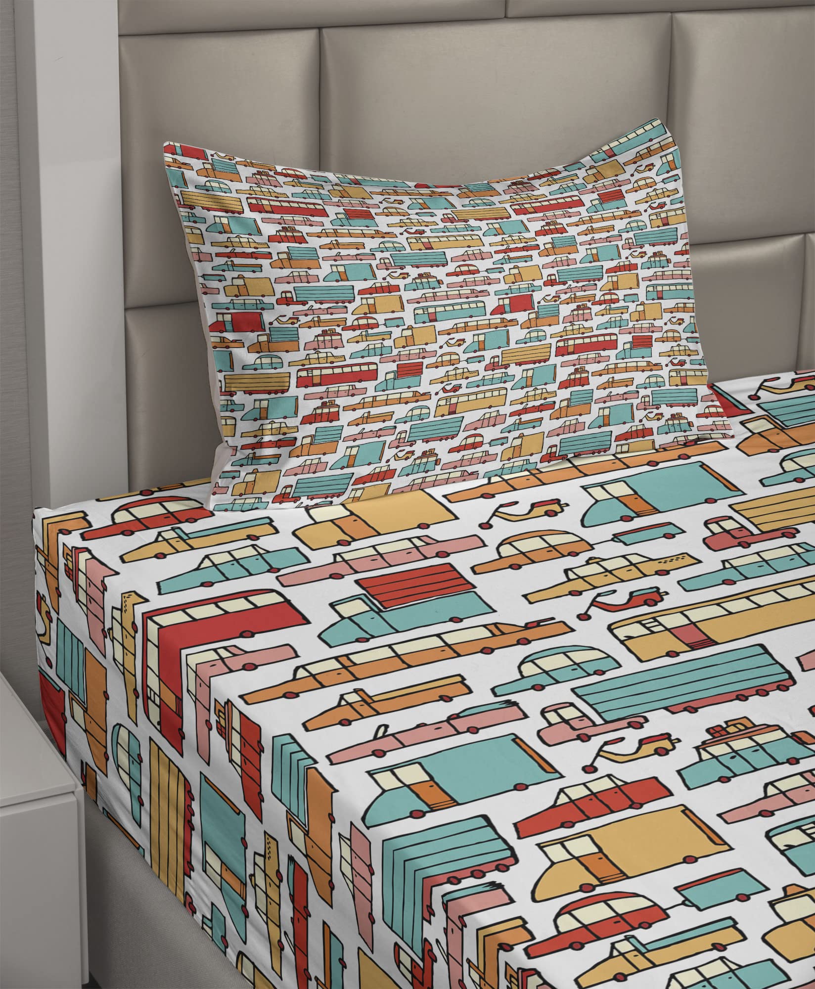 Ambesonne Cars Sheet Set, Drawing of Many Vehicles Motorbikes Caravans Trucks Taxis Buses Print, Fitted and Flat Sheet with Pillowcase Bedding Accent 3 Piece Set, Twin, Aqua Red Orange