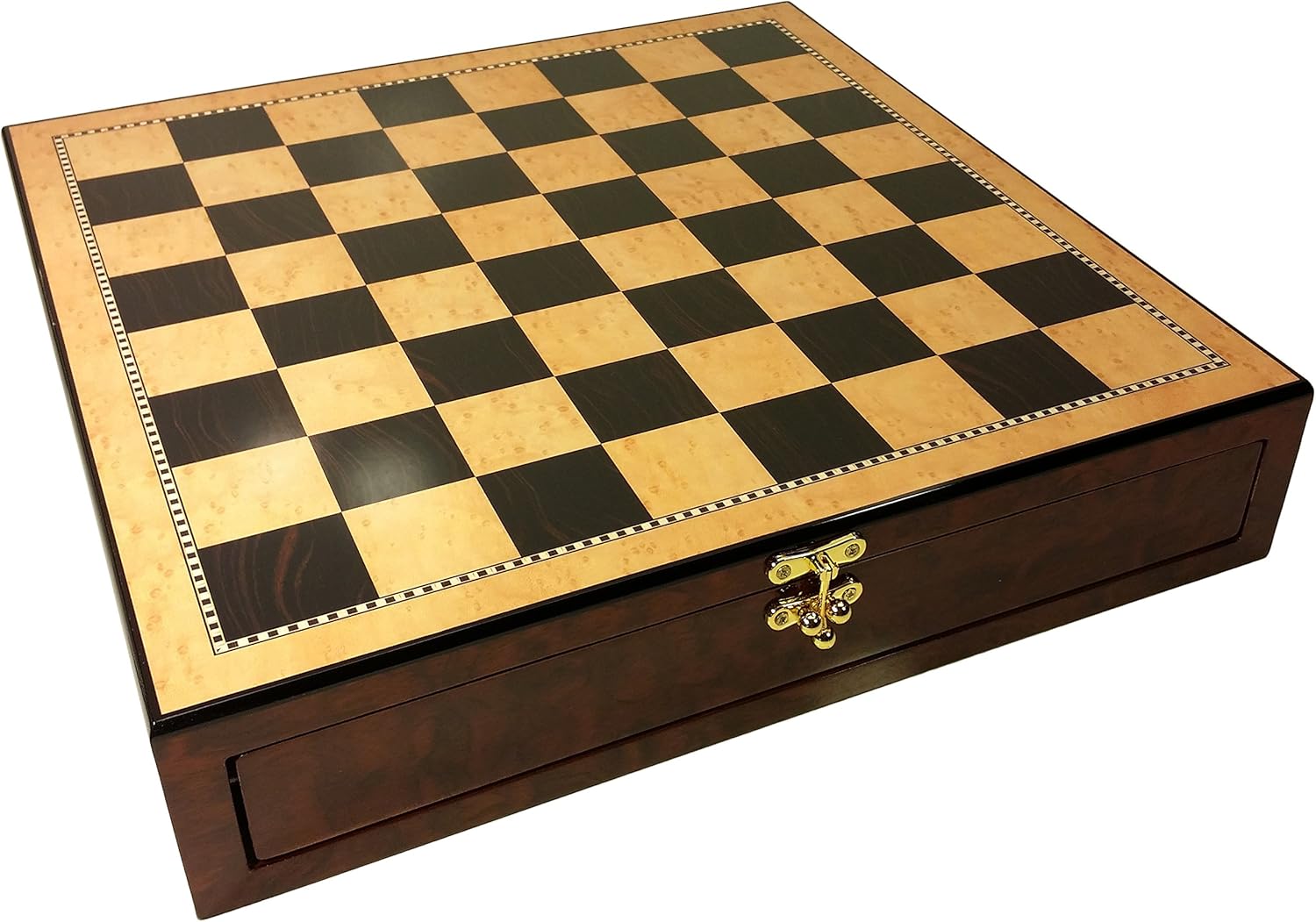 17" High Gloss Chess Storage Board Chest W/ 2 Drawers Dark Walnut and Birdseye Maple Color