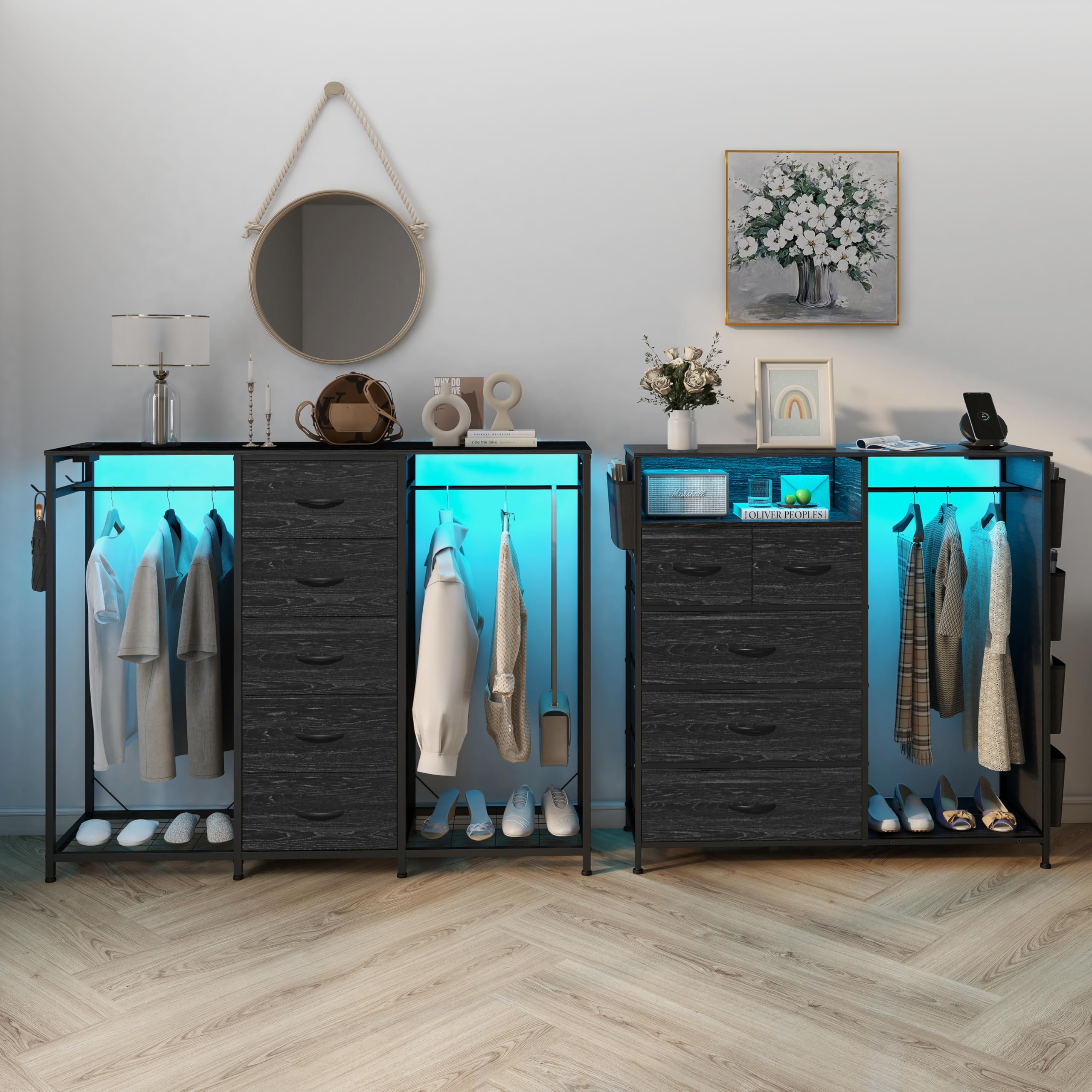 Cómoda para dormitorio con perchero, cómoda de 5 cajones con estación de carga y luces LED, cómoda blanca, estante flexible y espacio de almacenamiento abierto para dormitorio, sala de estar 7