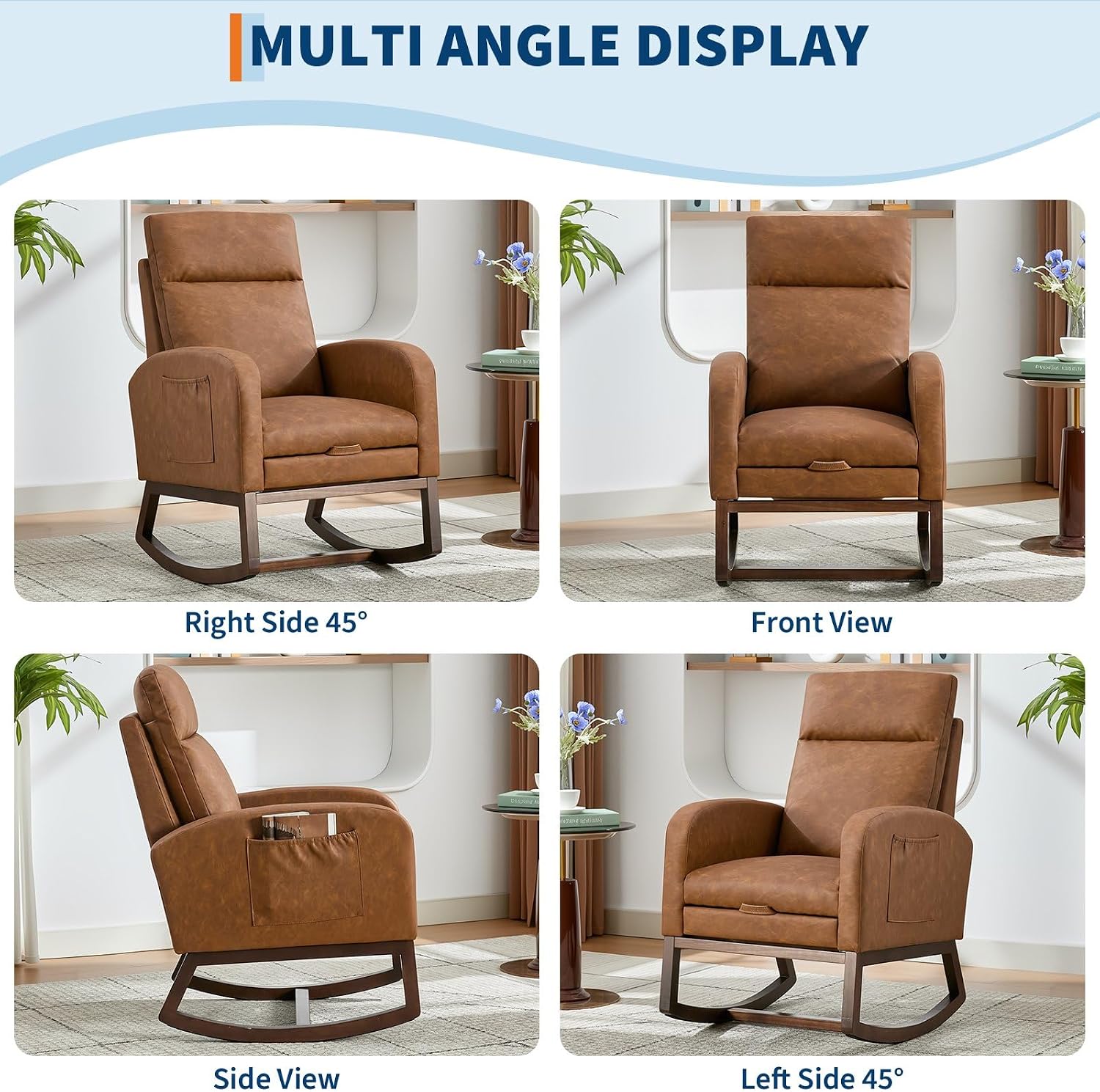 Teddy Fabric Nursery Glider Rocking Chair - Adjustable Footrest, 2 Side Pockets, Solid Wooden Legs, High Backrest | Comfortable Lounge Armchair for Nursery, Living Room, Bedroom（Brown）