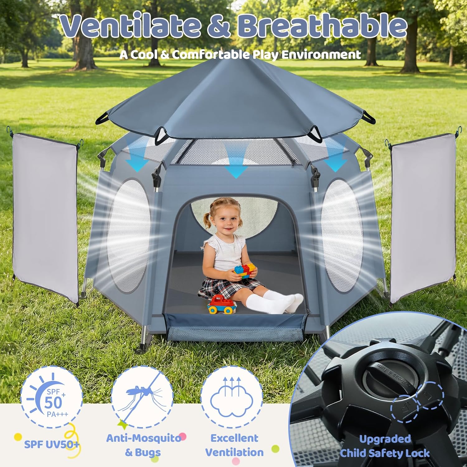 Pop Up Playpen - Instant Setup Portable Baby Playard with UV Canopy & Mosquito Net - Indoor Outdoor Travel Crib with Carry Bag Grey