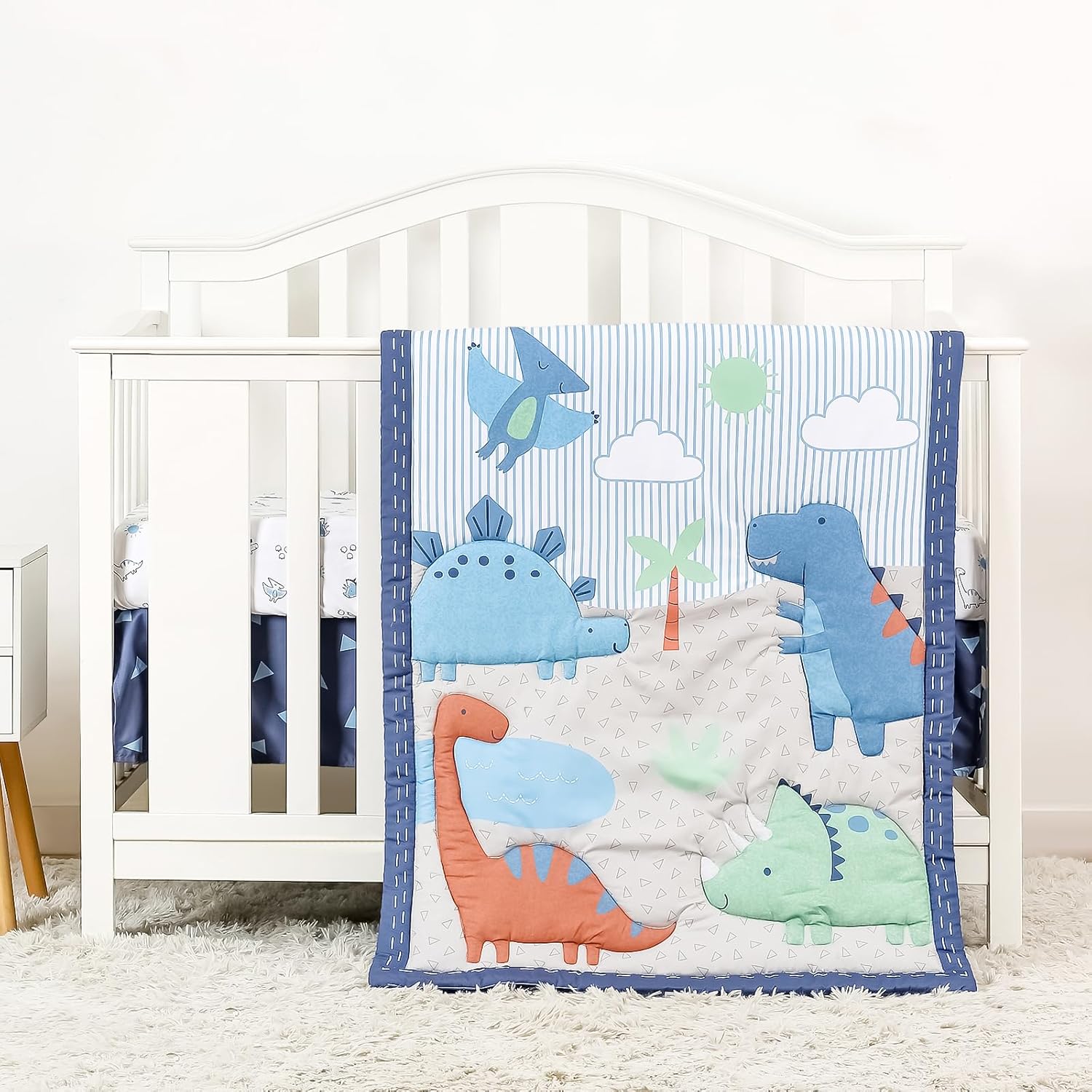 YCDTMY 3 Piece Crib Bedding Set for Boys – Baby Crib Dinosaur Bedding Set with Fitted Crib Sheet, Dust Ruffle Comforter, for Newborn, Infant & Toddler