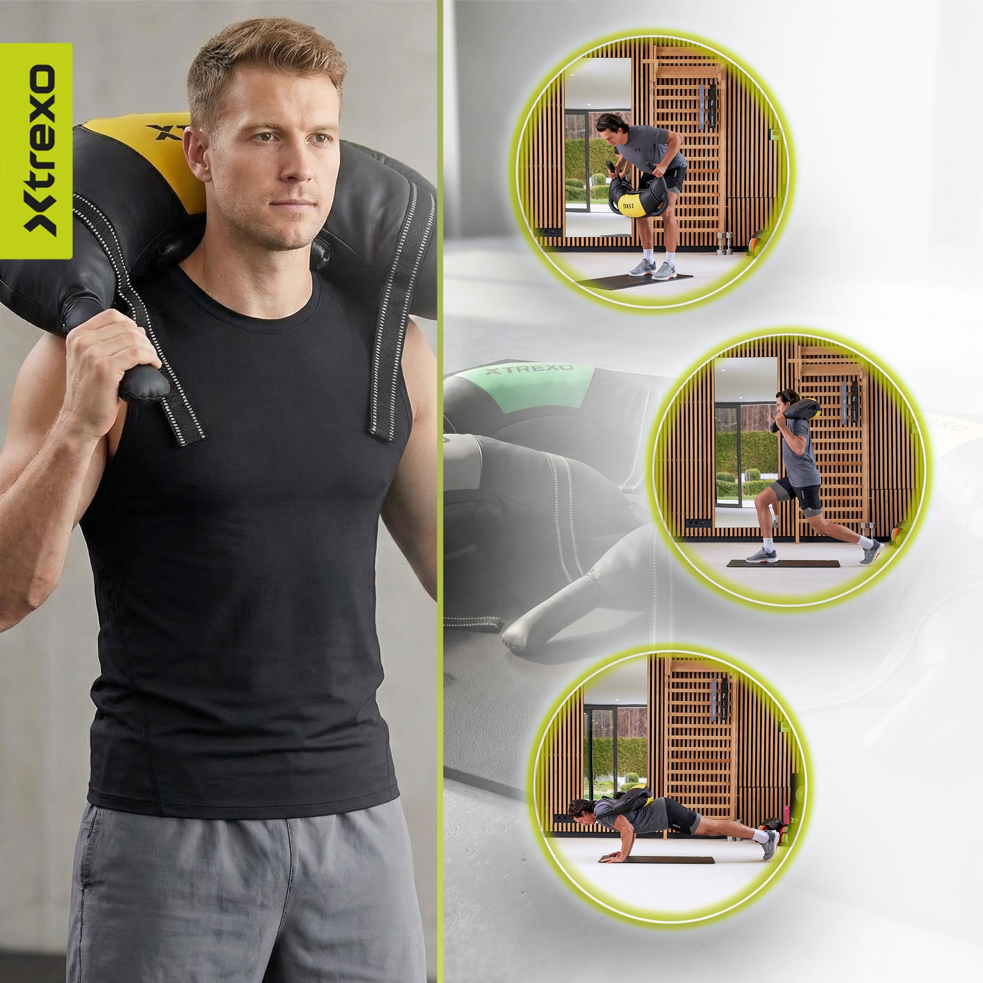 TREXO Bulgarian Exercise Bag 15 kg Entrenamiento Fuerza Fitness Resistencia Hogar y el Gimnasio Bolsa de Entrenamiento de Cuero Eco PU 73 x 40 x 19 cm Saco de Arena Entrenamiento para