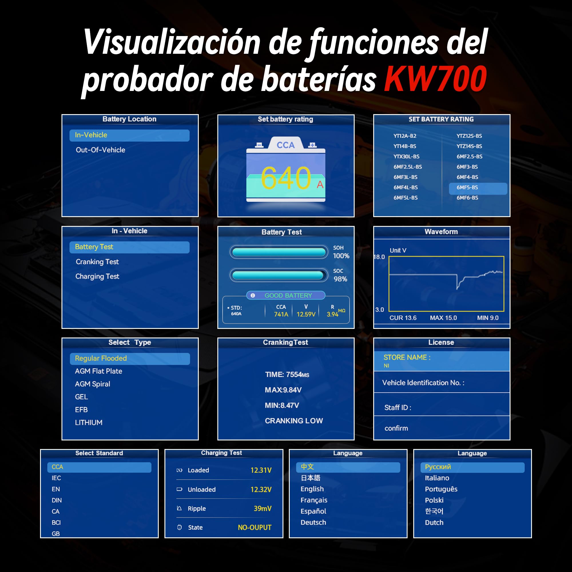 KONNWEI Comprobador de batería de coche con impresora 12 V 24 V, prueba de arranque y carga, 100-2000 CCA, analizador de batería para coche, camión, motocicleta (papel incluido)