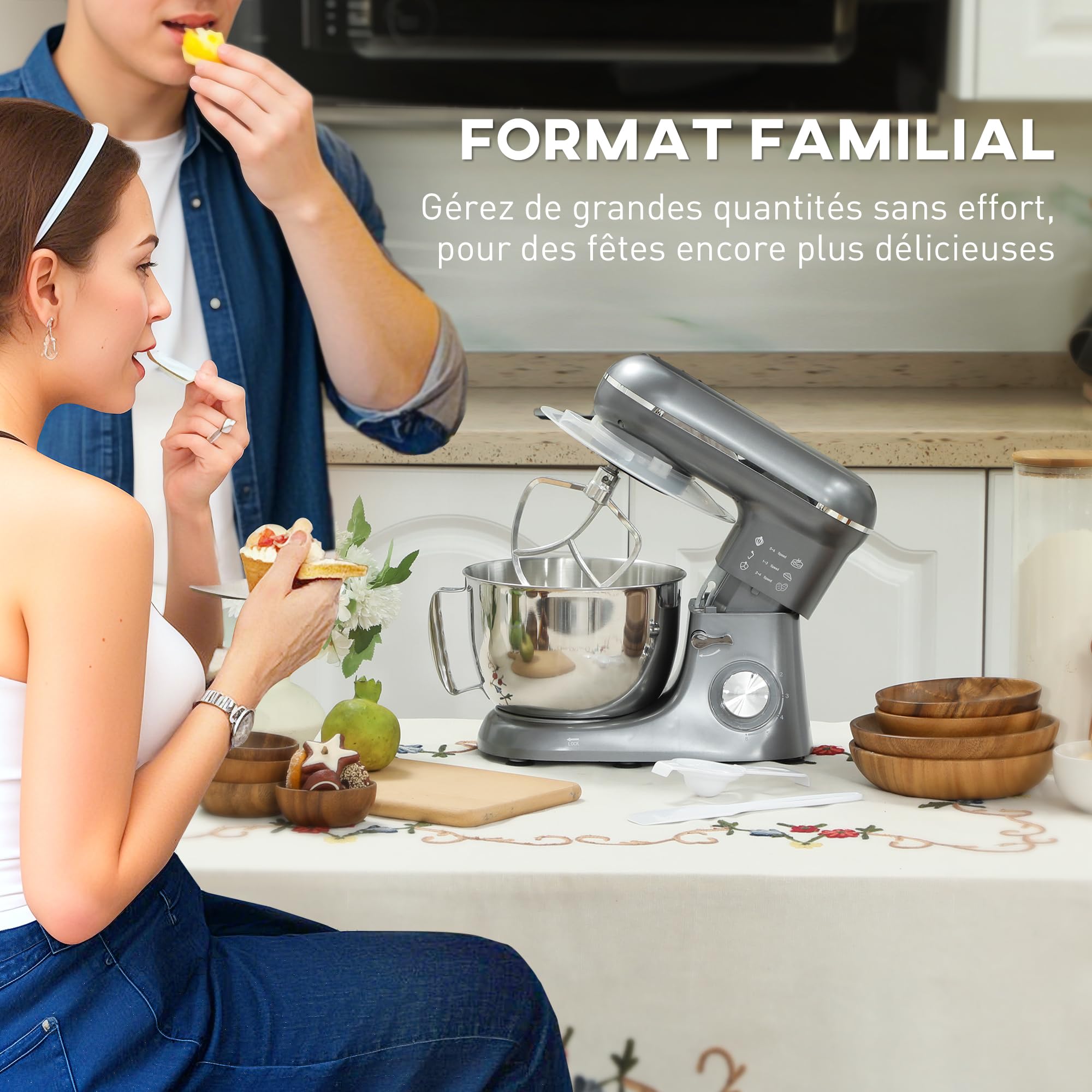 HOMCOM Robot Pâtissier 1300 W, Robot Pétrin Professionnel 4,5 L, Bol d'Acier Inoxydable, 6+P Vitesses et Pulse, Tête Inclinable, Crochet à Pâte, Fouet, Batteur, Spatule, Pare-Éclaboussures, Argent