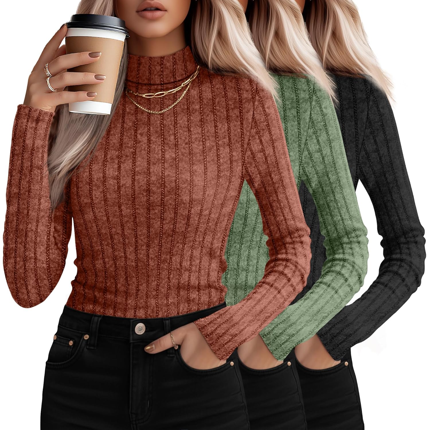 3 Pack Womens Mock Turtleneck Sweaters Long Sleeve Ribbed Knit Tops Fit Soft Thermal Underwear Lightweight Fall Pullover
