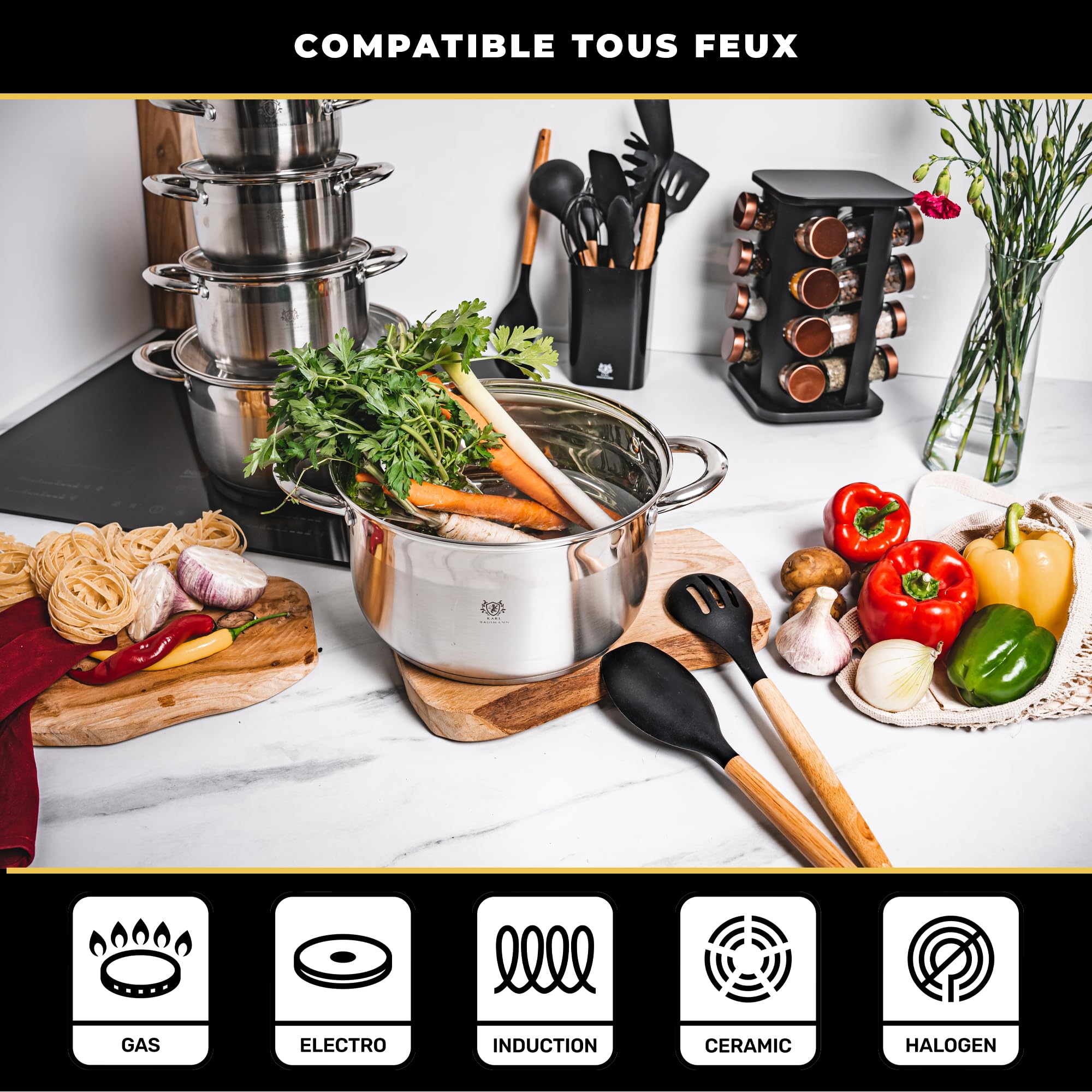 KARL HAUSMANN Faitout Inox 26 cm 6L avec Couvercle en Verre - Compatible Induction, Fond 3 Couches pour une Diffusion Uniforme de la Chaleur, avec Graduation Intérieure, Tous Feux