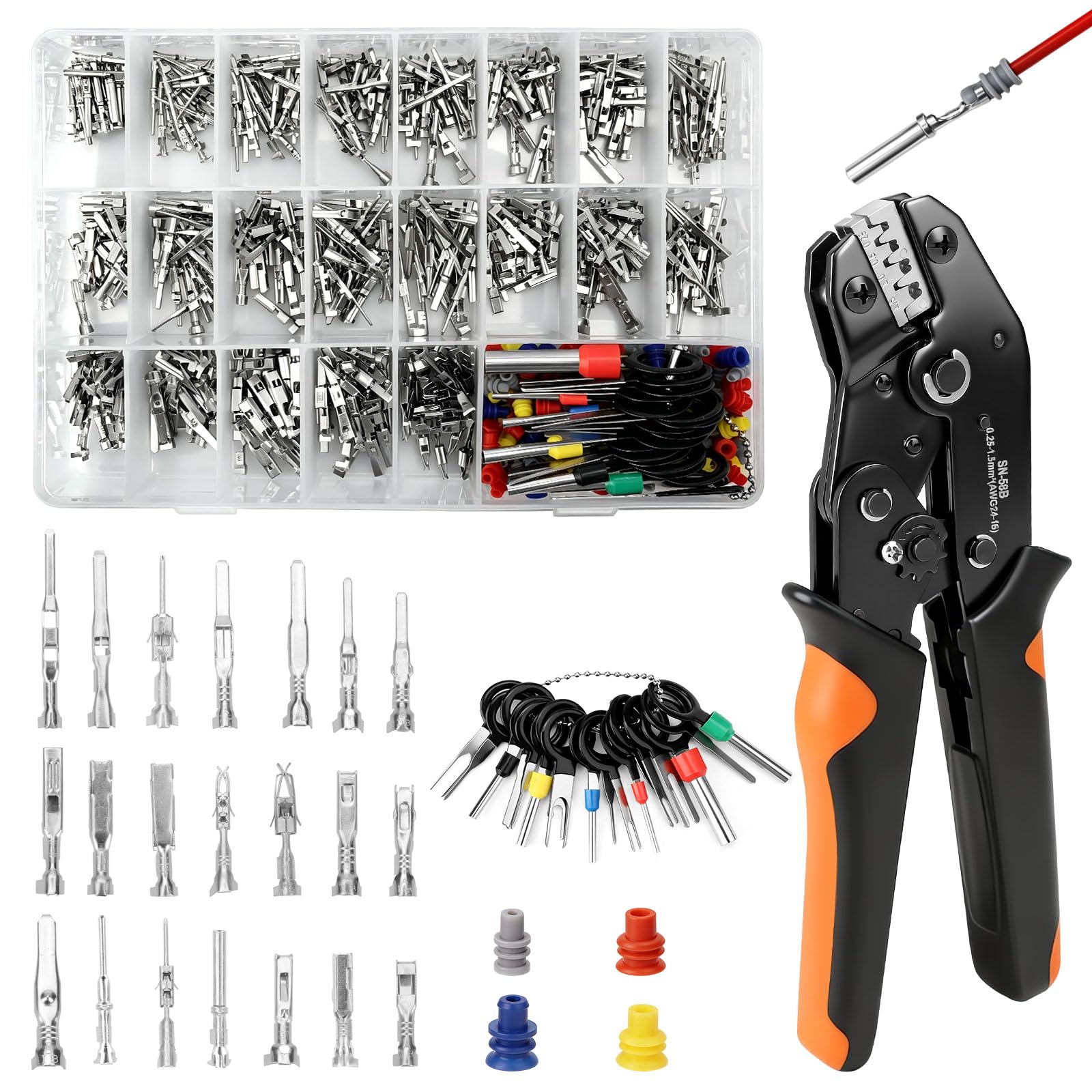 Linkstyle Automotive Electrical Connector Pins: 820PCS 21 Types Non-Insulated Male Female Wire Crimp Terminals with Crimping Tool, 1/1.5/1.8/2.2/2.8/3.5mm