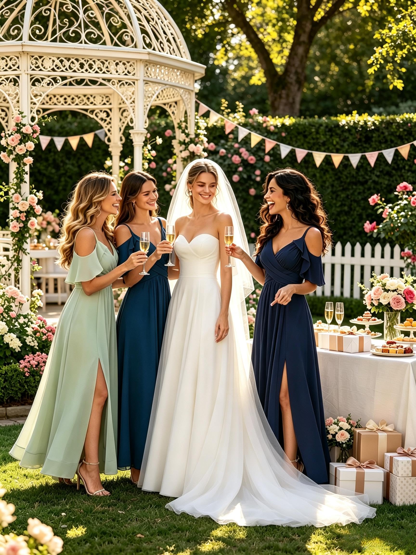 Vestidos de dama de honor de gasa con hombros descubiertos para mujer, largos con abertura | Vestido de invitada de boda con cuello en V y volantes, vestido formal de fiesta para jóvenes