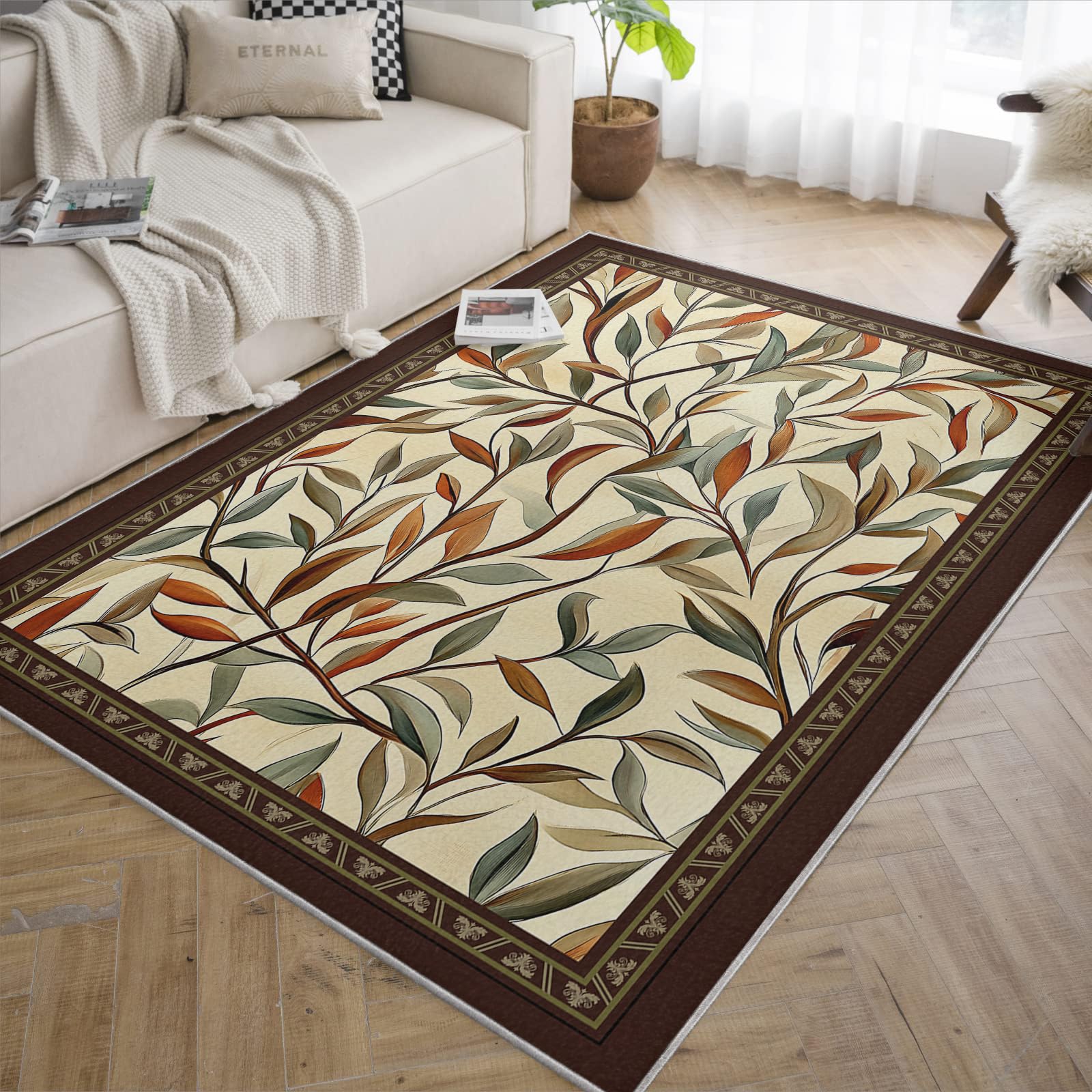 Dywan kuchenny w stylu retro, 140 x 200 cm, jesienny nadruk gałązek, duży dywan do jadalni, korytarza, ciepłe, płaskie runo, brązowa krawędź, mata podłogowa nadaje się do prania