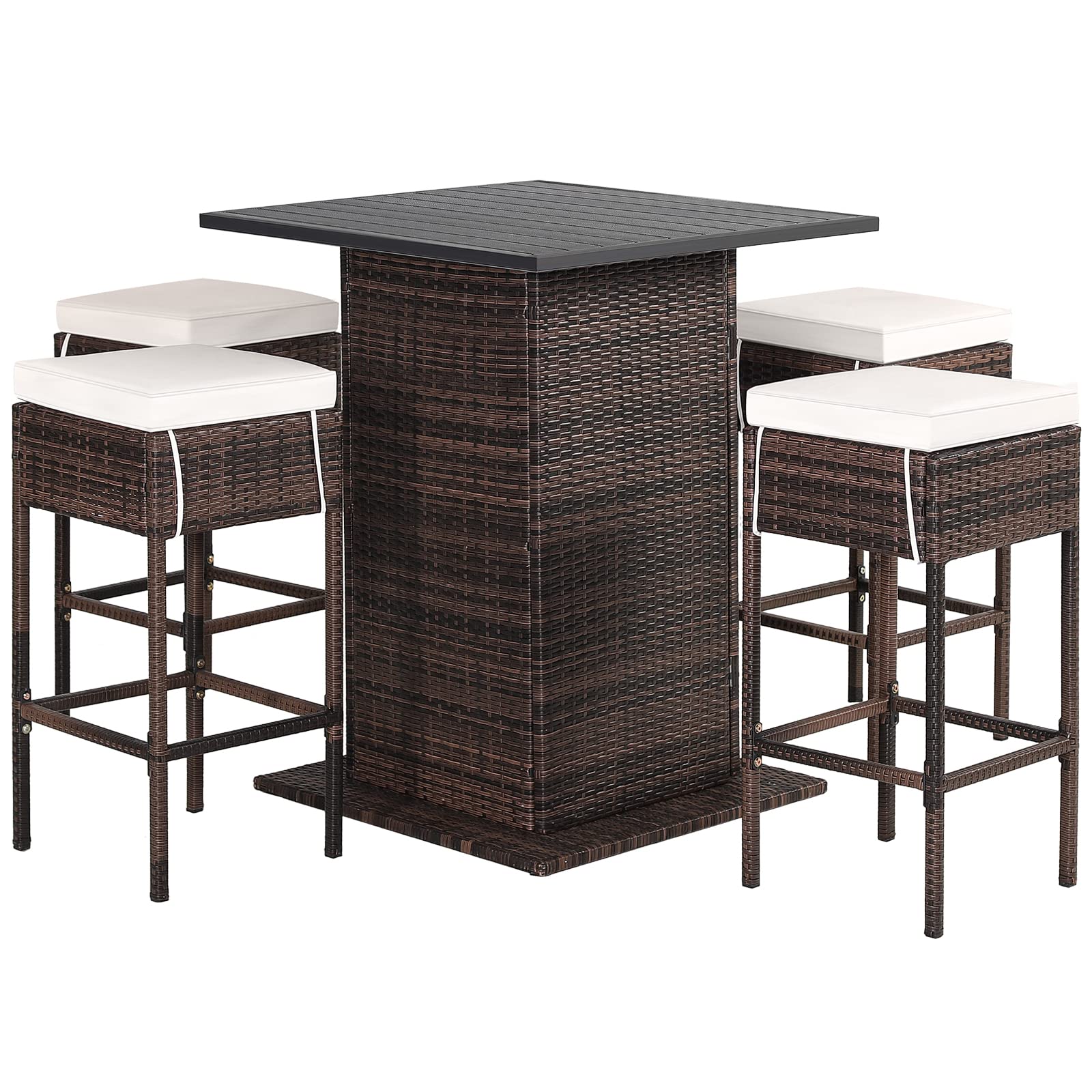 HAPPYGRILL 5 Piece Rattan Bar Set Outdoor Wicker Bar Table and 4 Bar Stools with Heavy-Duty Steel Frame, Patio Bar Height Furniture Set with 4 Seat