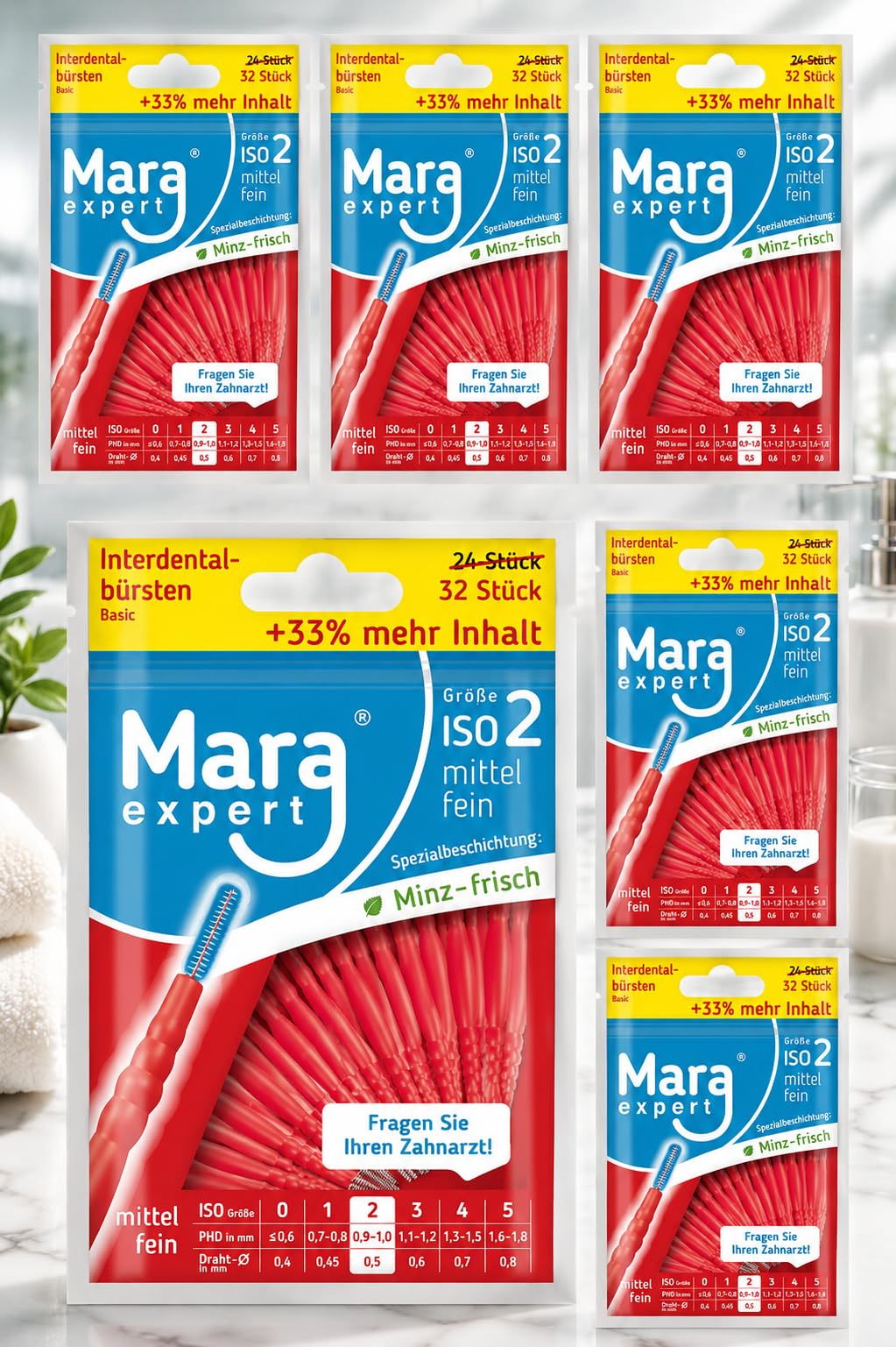 MARA EXPERT Brosses pour espaces interdentaires, fines, 0,5 mm, ISO 2, 6 x 32, rouges, brosses dentaires standard