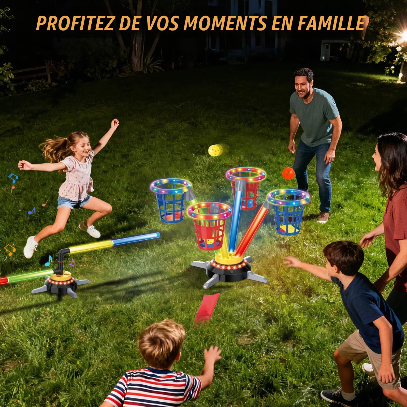 Vatos Jeu de Lancer 3 en 1 Sacs et Anneaux, Sauts Musicaux pour Enfants, Base Tournante Électrique avec Télécommande, Lumières, Jeu de Sport Intérieur/Extérieur pour Jardin pour Filles et Garçons 3+