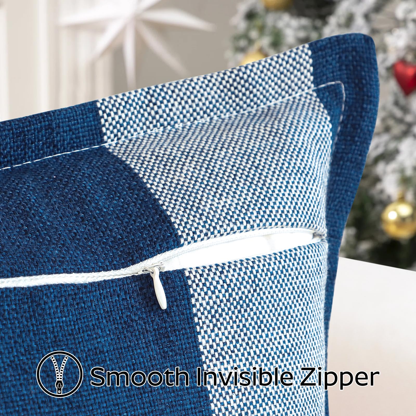 Sungeek Buffalo Check Plaid Cushion Covers 60 x 60 Set of 2 Linen Christmas Tartan Decorative Square Pillow Covers with Stitched Edge for Sofa Couch Bed Living Room 24x24 Inch (Blue) - Image 4