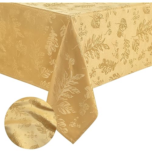 Elrene Home Fashions Elegant Woven Leaves Jacquard Damask Wrinkle Resistant Tablecloth, 60" x 144", Oblong, Gold