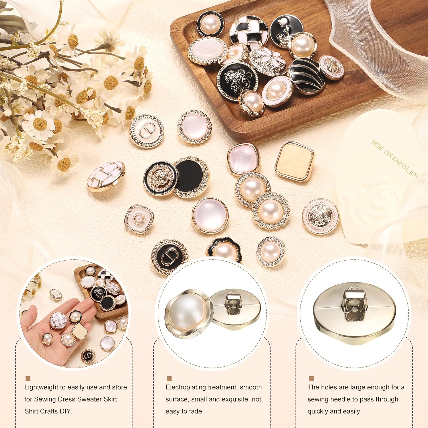 HARFINGTON 5pcs 40L 25mm 1" Gold White Faux Pearl Button Plastic Round image 4