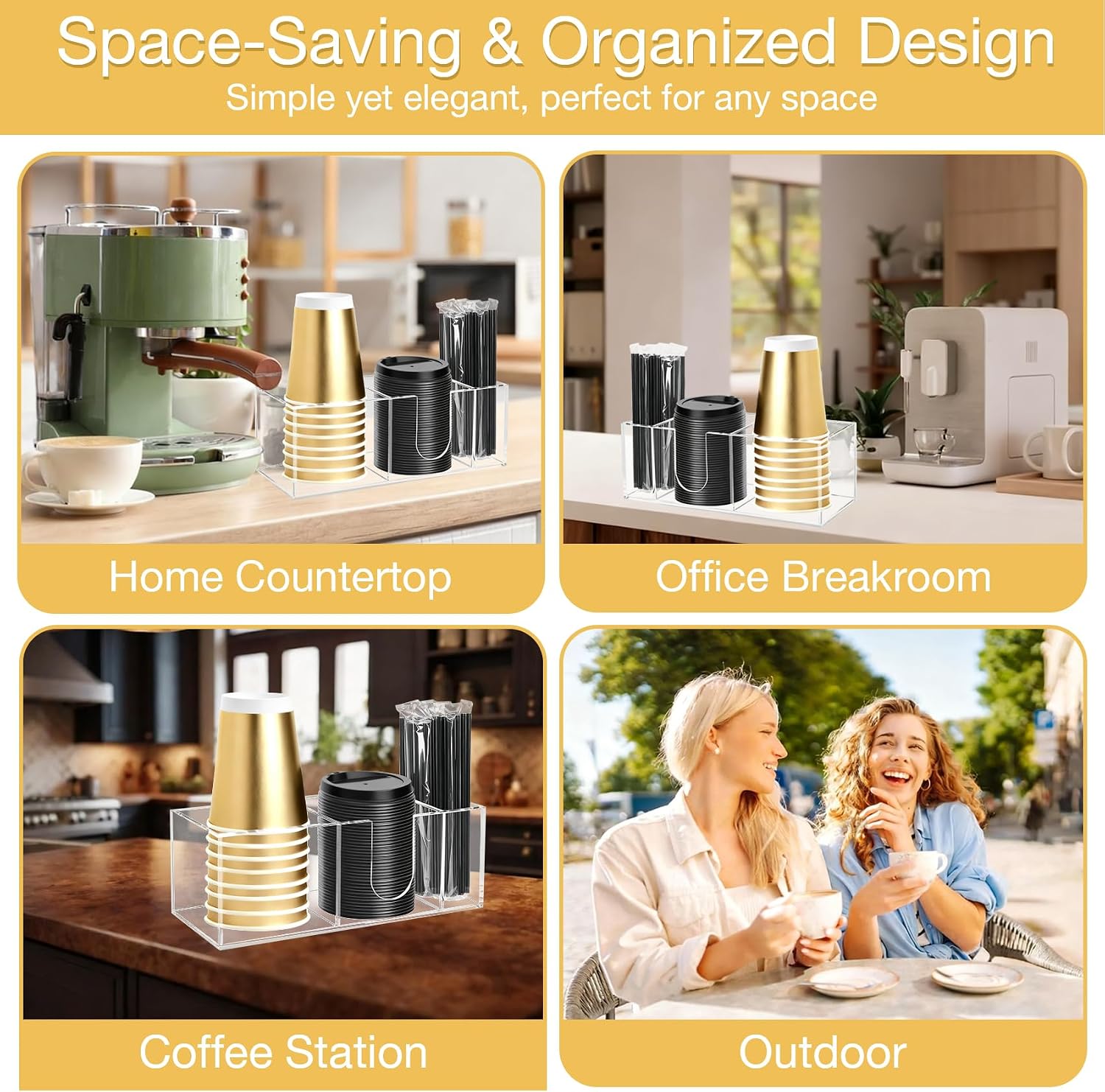 Acrylic Cup Holder for Countertop, 3 Slots Acrylic Coffee Bar Accessories and Organizer Anti Slip Waterproof, Clear Coffee Station Organizer for Cup Lid Straw