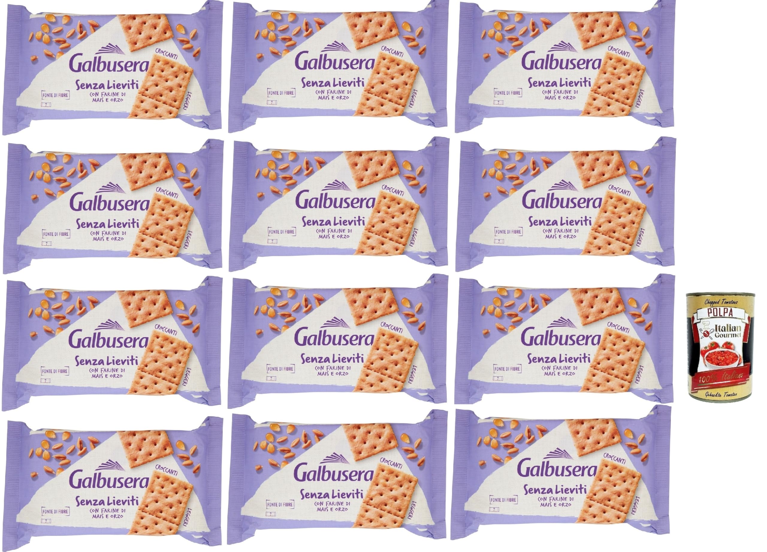 Galbusera Senza Lieviti Cracker con Farine di Mais e Orzo, galletas con harina de maíz y cebada, sin levadura, 12 x 300 g + Polpa italiana gourmet 400 g
