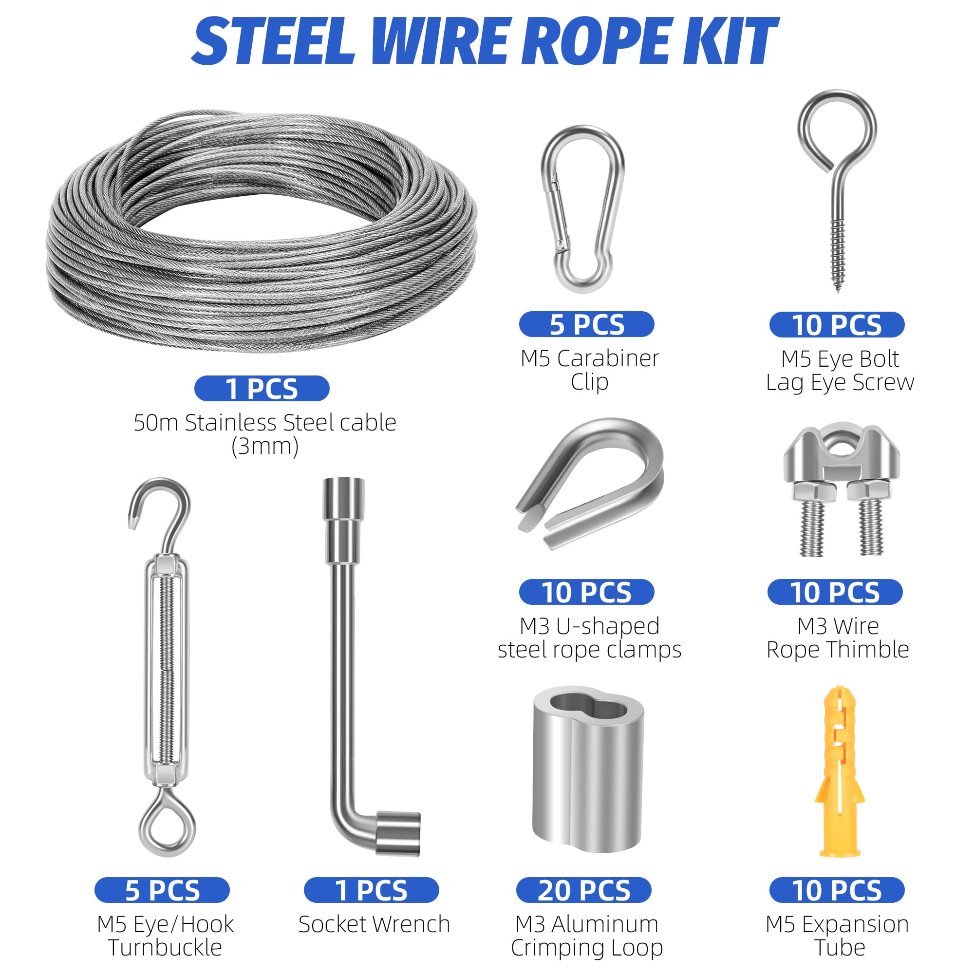 50 m Φ 3 mm Cable Acero Inoxidable, 72 Piezas Kit Cuerda Acero, Cuerda de Alambre Acero Nylon Recubierto con 304 Acero Inoxidable M5 Turnbuckle Tensioner Cable Dedal