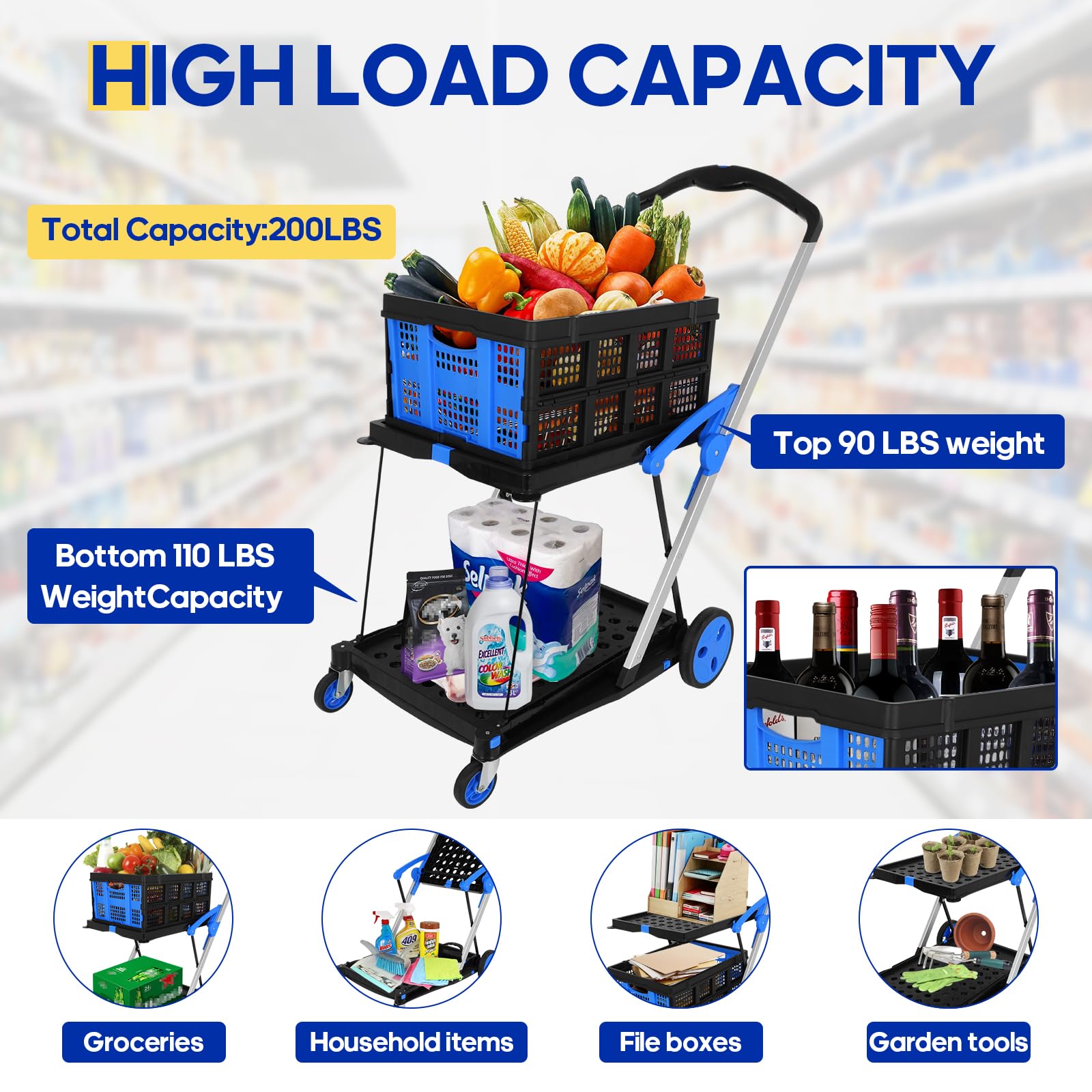 Multifunctional Folding Cart with Wheels,Two Layers Collapsible Utility Cart for Groceries,Office,Warehouse,Supermarket, Double Layer Foldable Shopping Cart(Blue),Collapsible Handcart Heavy Duty