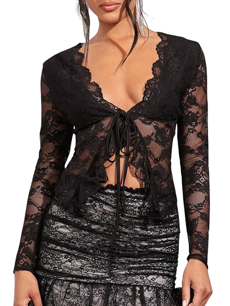 Naileksi Women Ruffle Trim Front Tie Lace Sheer Top Long