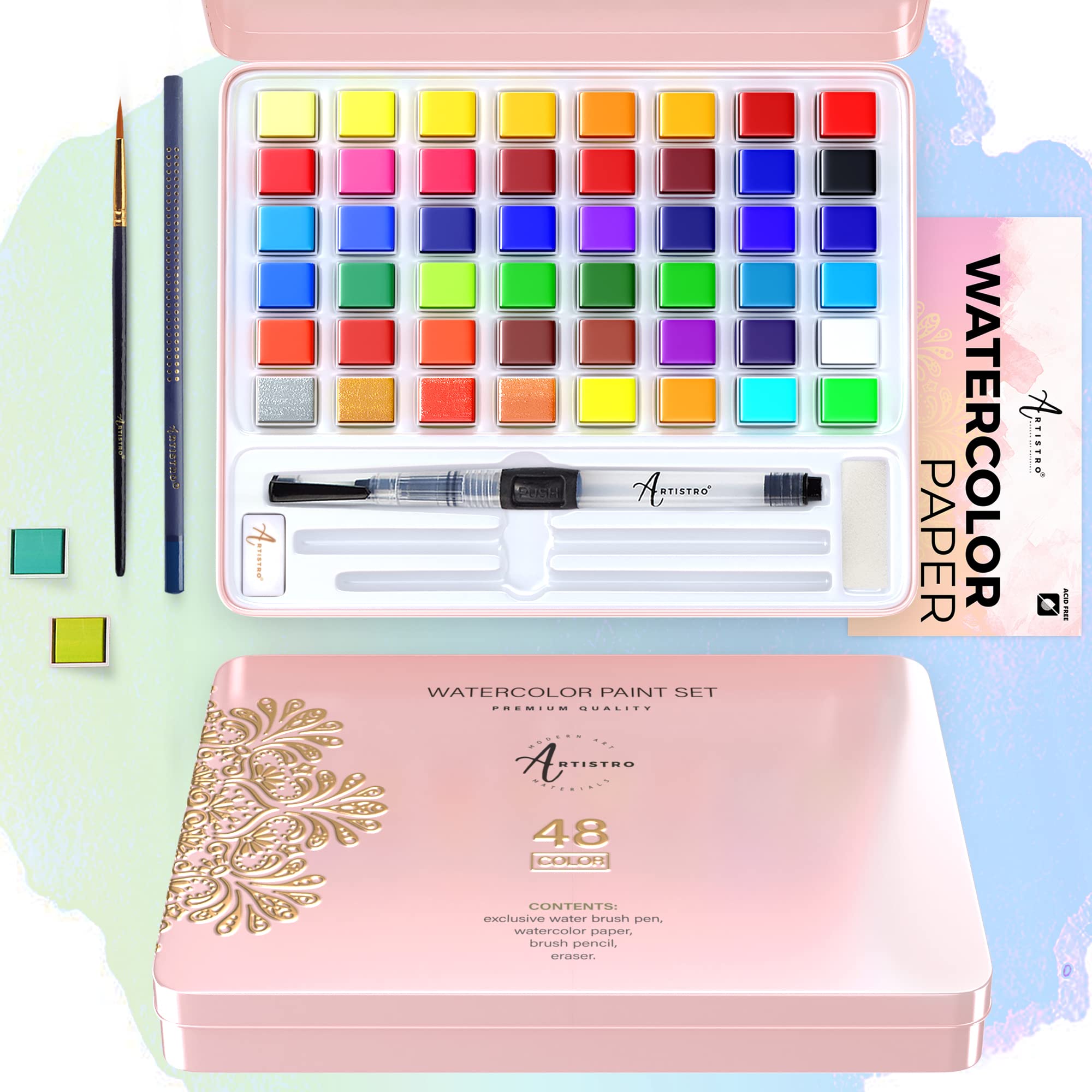 Buy ARTISTRO Watercolor Paint Set, 48 Vivid Colors, Including Metallic
