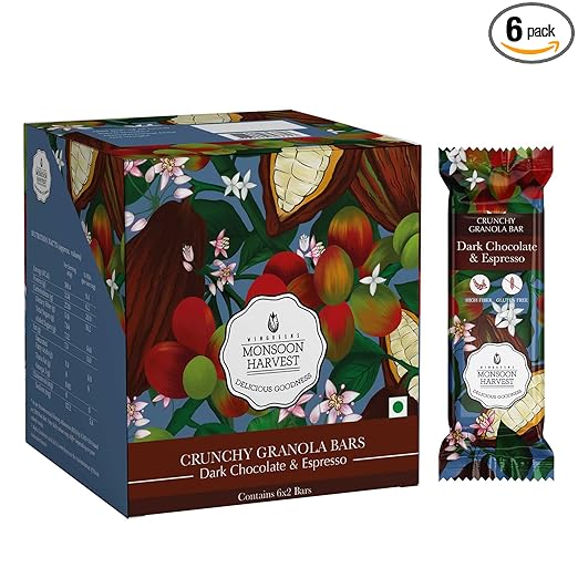 Wingreens Monsoon Harvest Crunchy Millet Granola Bars - Dark Chocolate & Espresso - Pack of 6, Healthy Breakfast Snacks, Gluten Free Energy Bars, High Fiber (40 Gm Each), with Rolled Oats