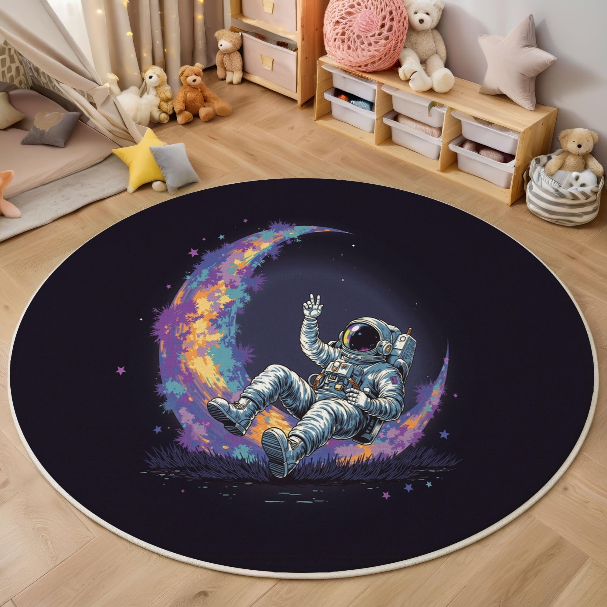 Tapis Rond Aquarelle Lune Astronaute 100 Cm, Lavable En Machine Pour Salon, Ne Perd Pas Ses Poils, Antidérapant | Tapis Affiche Science-Fiction Pour Chambre À Coucher Chambre D'Enfant, Noir Violet