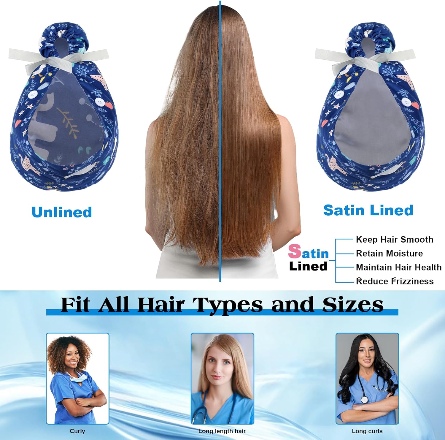 6 Pcs Satin Lined Scrub Caps Women Ponytail Nurse Surgical Hat Button Sweatband Working Adjustable Pouch Tie Back - Image 3