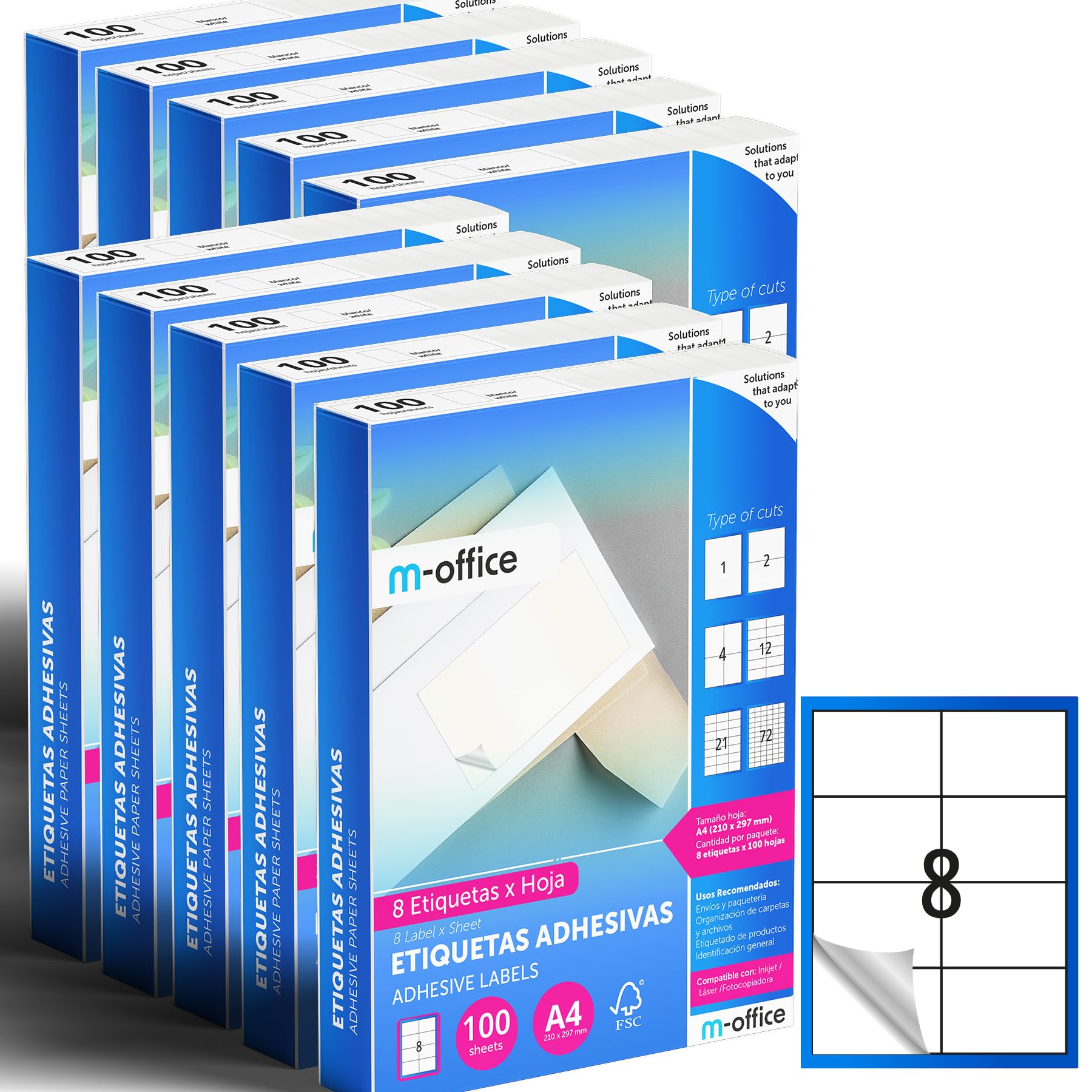 M-office Etichette Adesive A4 Compatibili con Label Printer – Fogli Adesivi, Etichette Bianche per Uso Quotidiano, Carta Adesiva Stampabile per Scrivere (8 etichette per foglio, 1000 fogli)