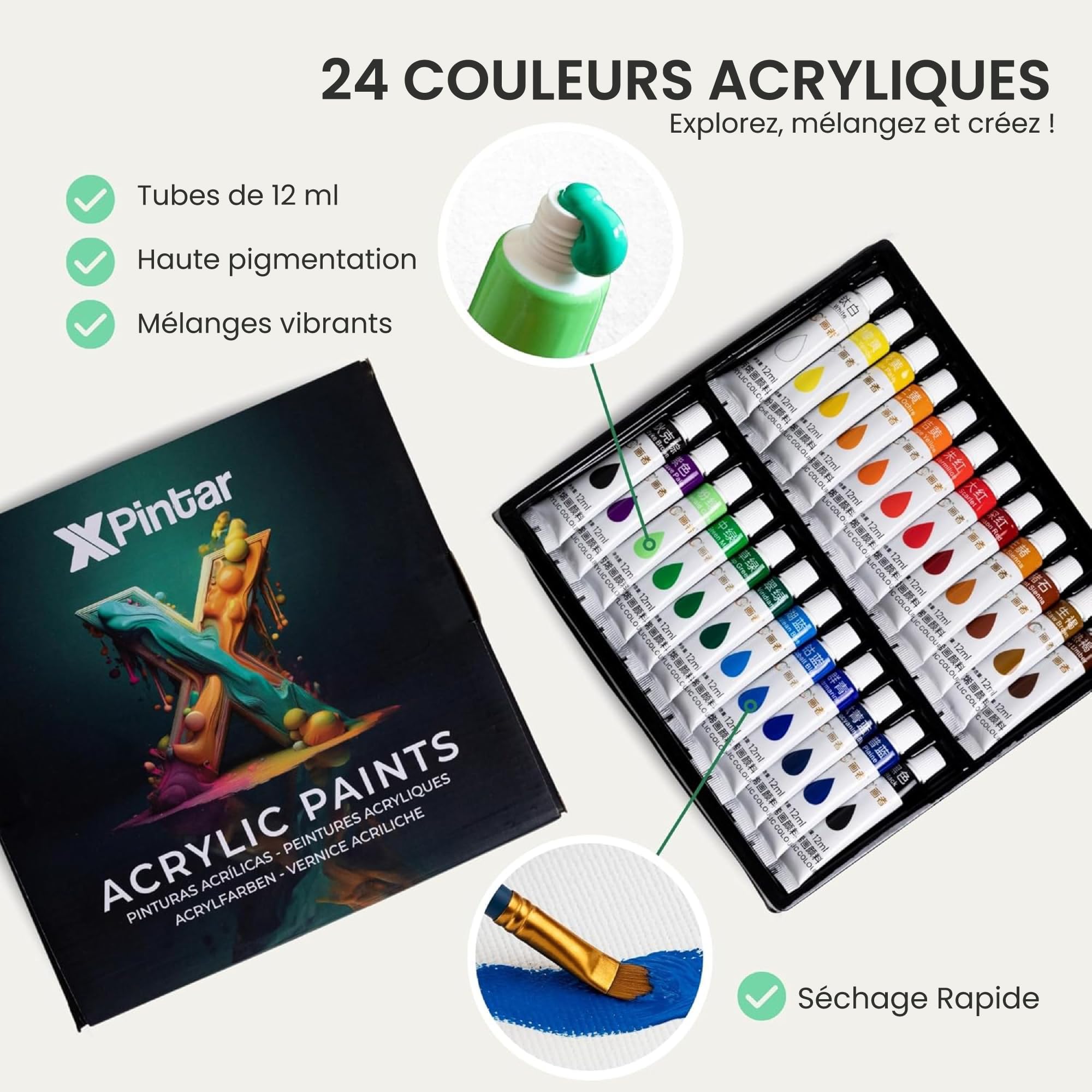 Kit Pintura Acrílica 34 Piezas Caballete Maletín Madera Portátil 24 Tubos 12 ml Colores Vivos Lienzo 24x30 cm 6 Pinceles Espátula Paleta Set Completo Adultos Niños Principiantes Arte Regalo Creativo