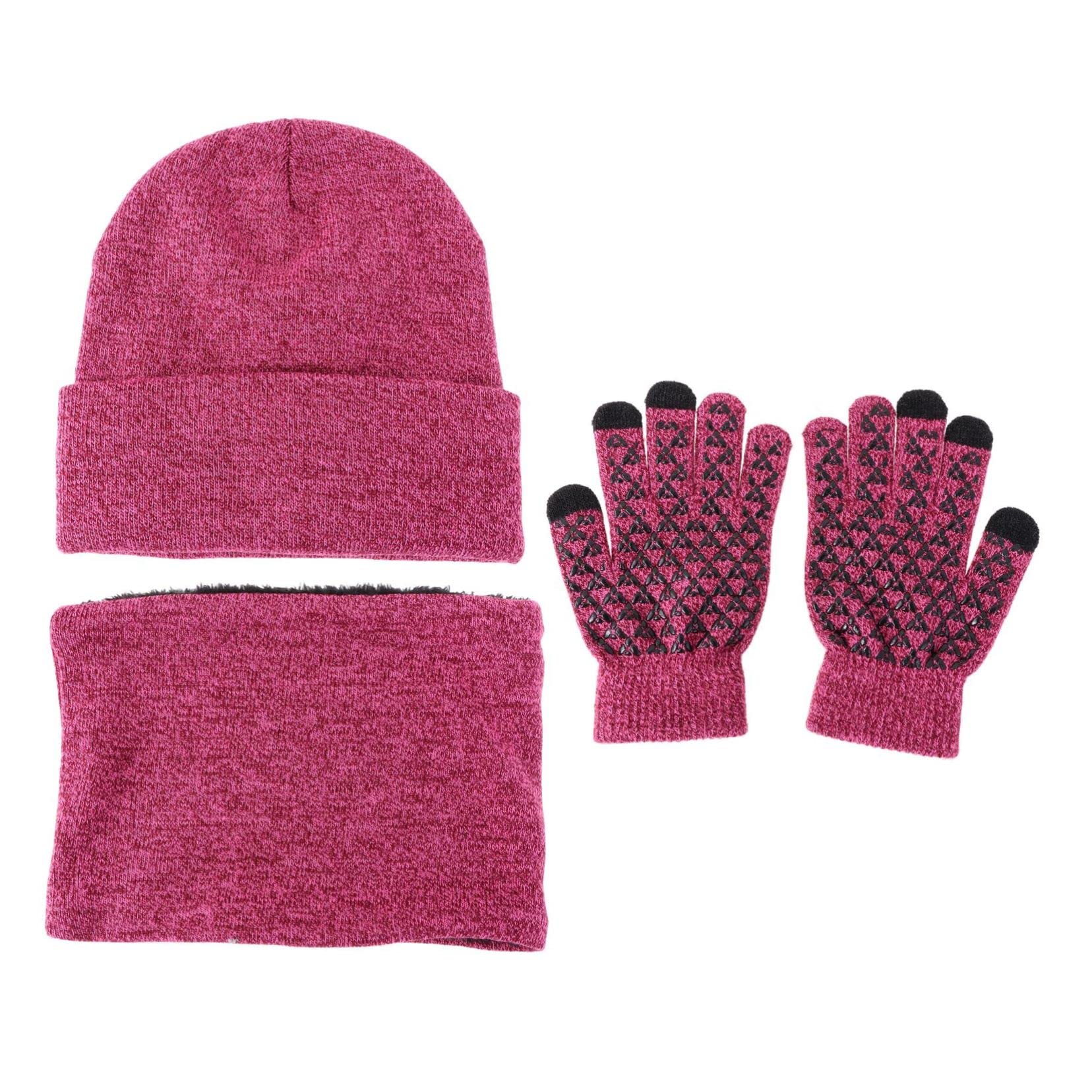 FOMIYES Warm Kit 2 Pairs Knitted Gloves Windproof Hat Neck Scarf Comfortable for Outdoor Red