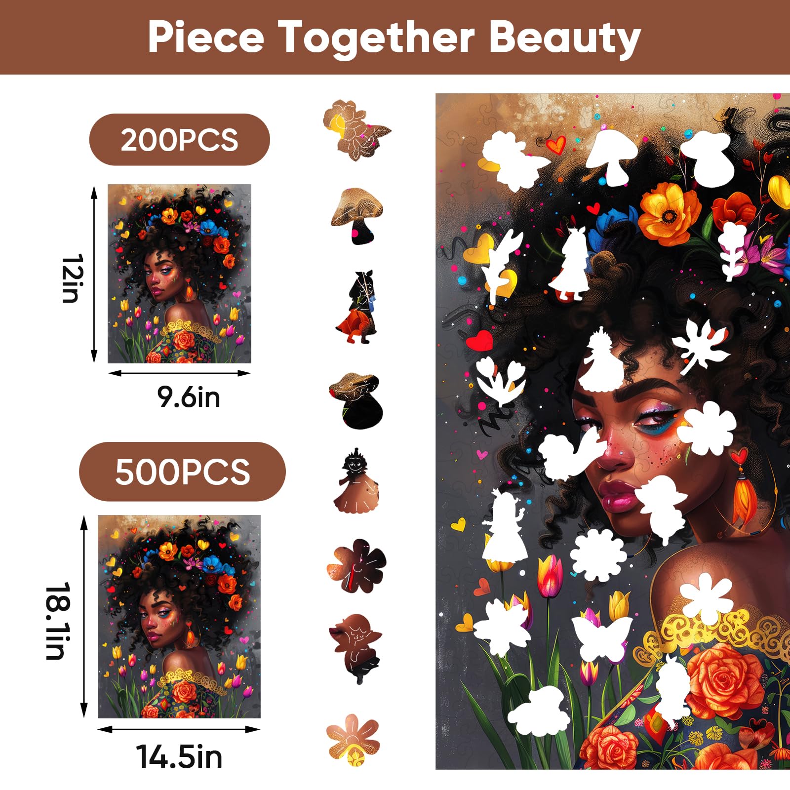 MYS A·U·R Magnifique puzzle en bois afro-américaine pour adultes, motif floral afro tendance, puzzle en bois de fleur de forme unique, 200 pièces, 30,5 x 24,4 cm, cadeau d'anniversaire, jeu familial