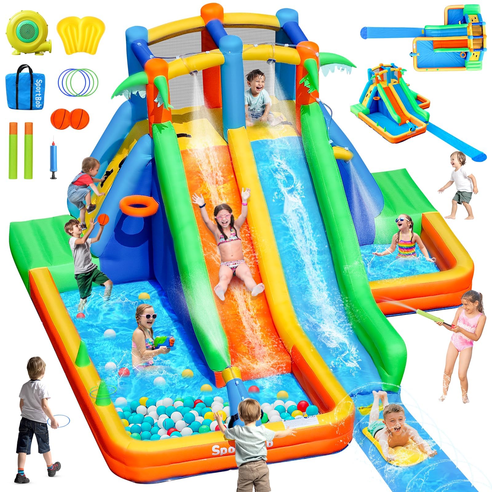 Hüpfburg Kinder mit Wasserrutsche und Gebläse, Hüpfburg mit Verlängerter Spritzender Wasserrutsche, Wasserpark Kinder mit 2 Wasserbecken und Wasserkanone für Indoor, Outdoor