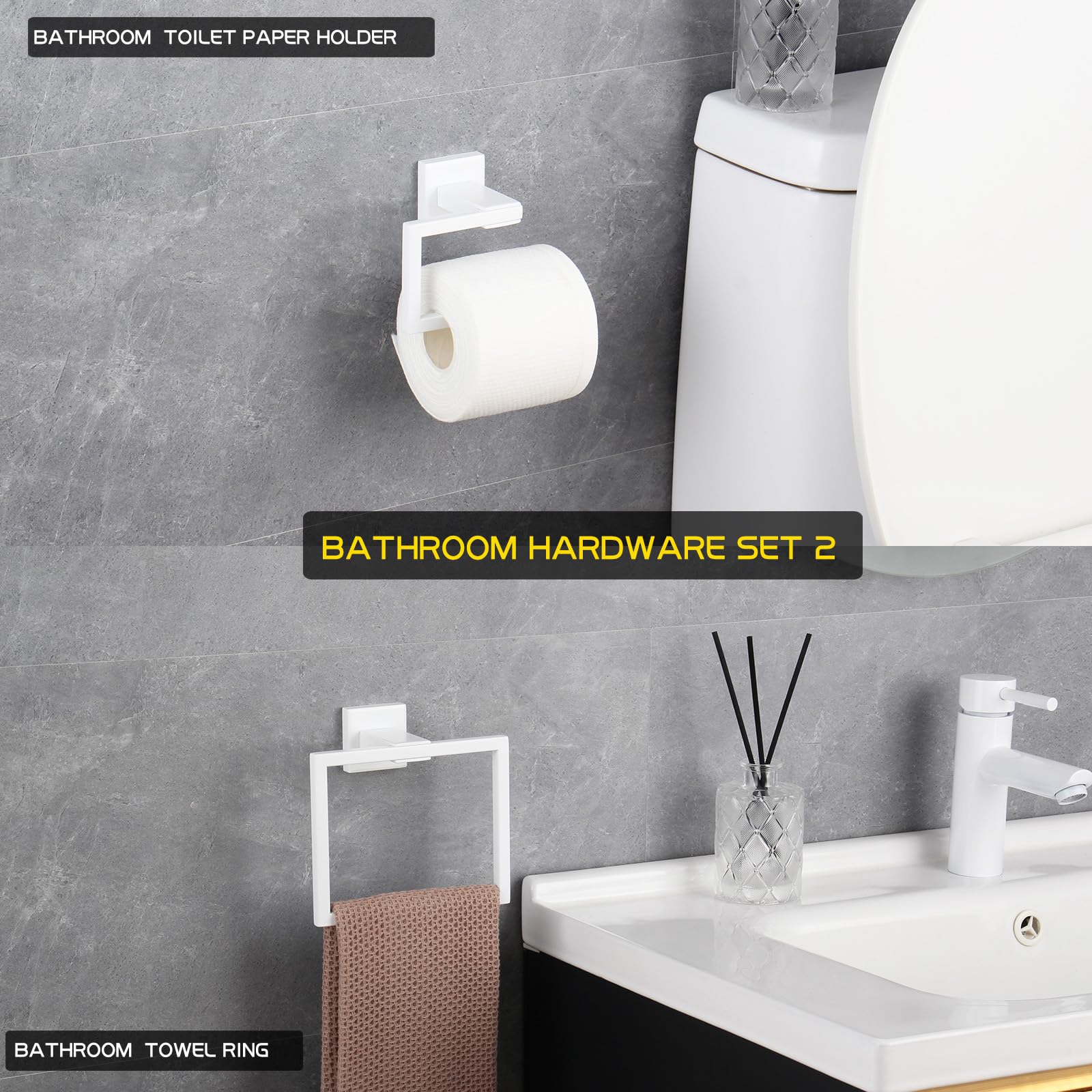 GERZWY 2-teiliges Badezimmer-Hardware-Set, Handtuchring und Toilettenpapierhalter, SUS 304 Edelstahl, Wandmontage, Weiß