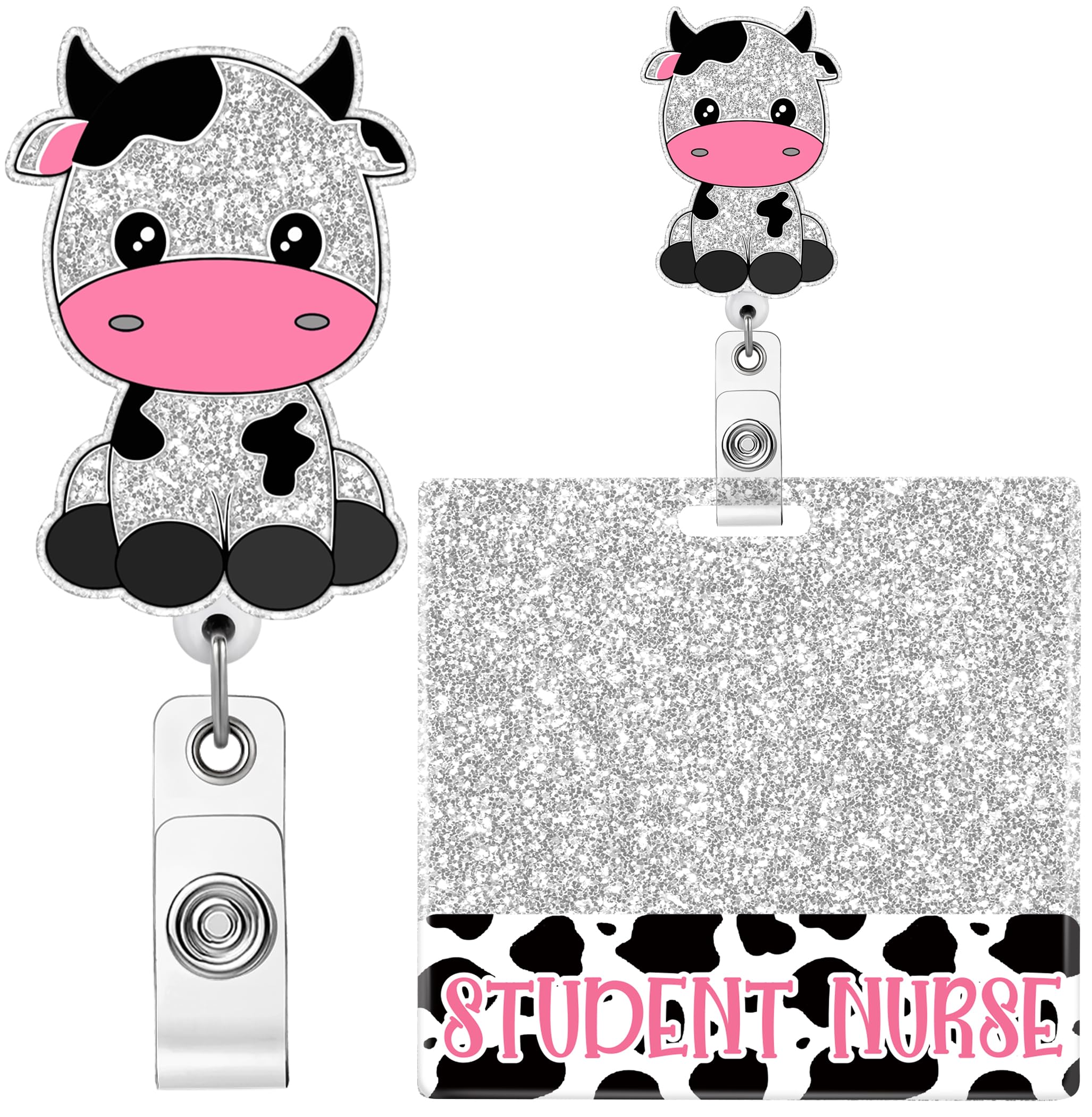 Plifal Student Nurse Badge Reel Buddy Set - Retractable ID Clip Holder, Cute Cow Horizontal Alligator Clips with Card for Name Tag, Hospital Work