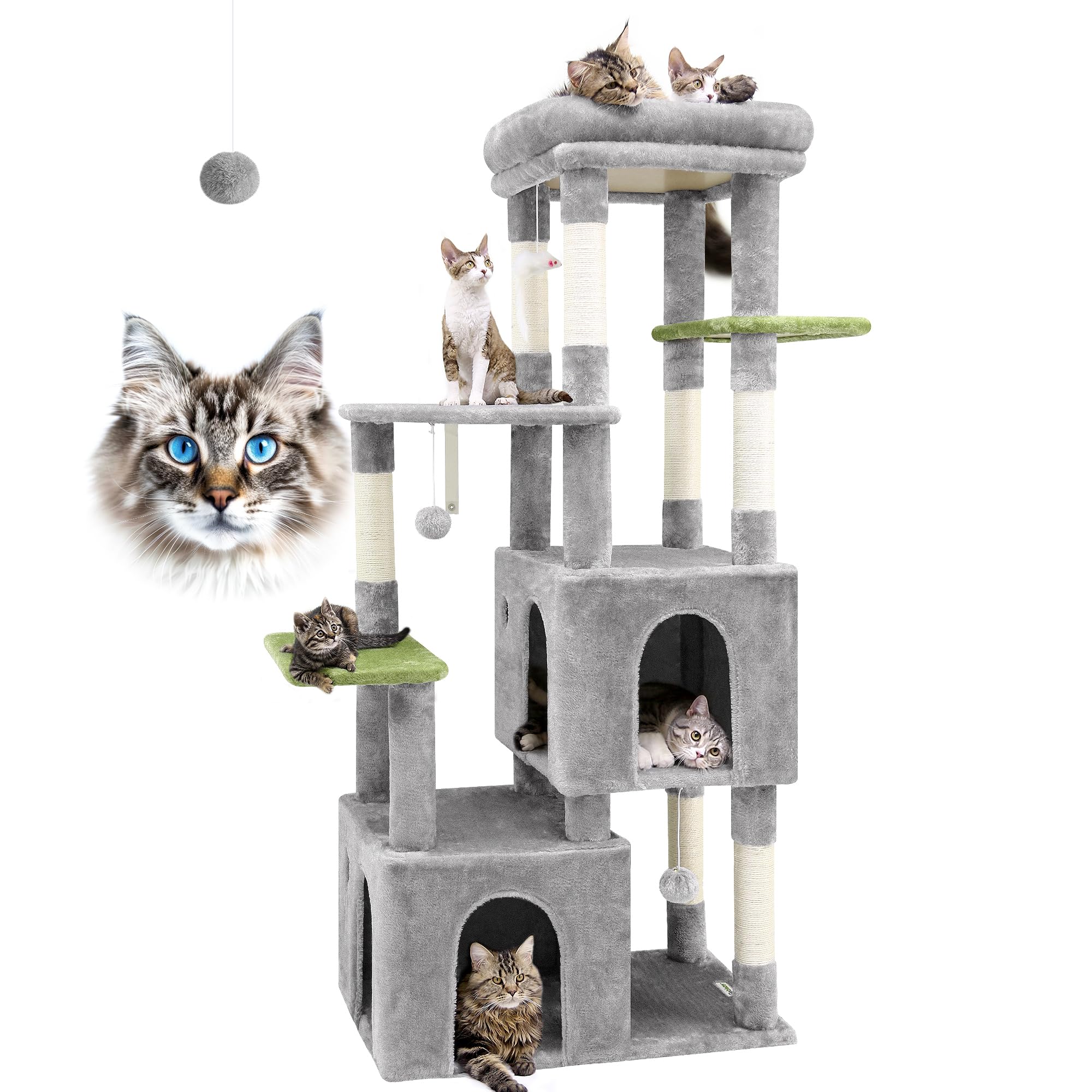 Globlazer Cat Tower for Indoor Cats, Heavy Duty Cat Trees for Large Cats Adult Big Cats Maine Coon Cat Tree Tower with Scratching Post, Extra Large Top Perch, Cat Condos, F61, Light Grey, 61inchGlobal Recycled StandardGlobal Recycled StandardGlobal Recycled Standard
