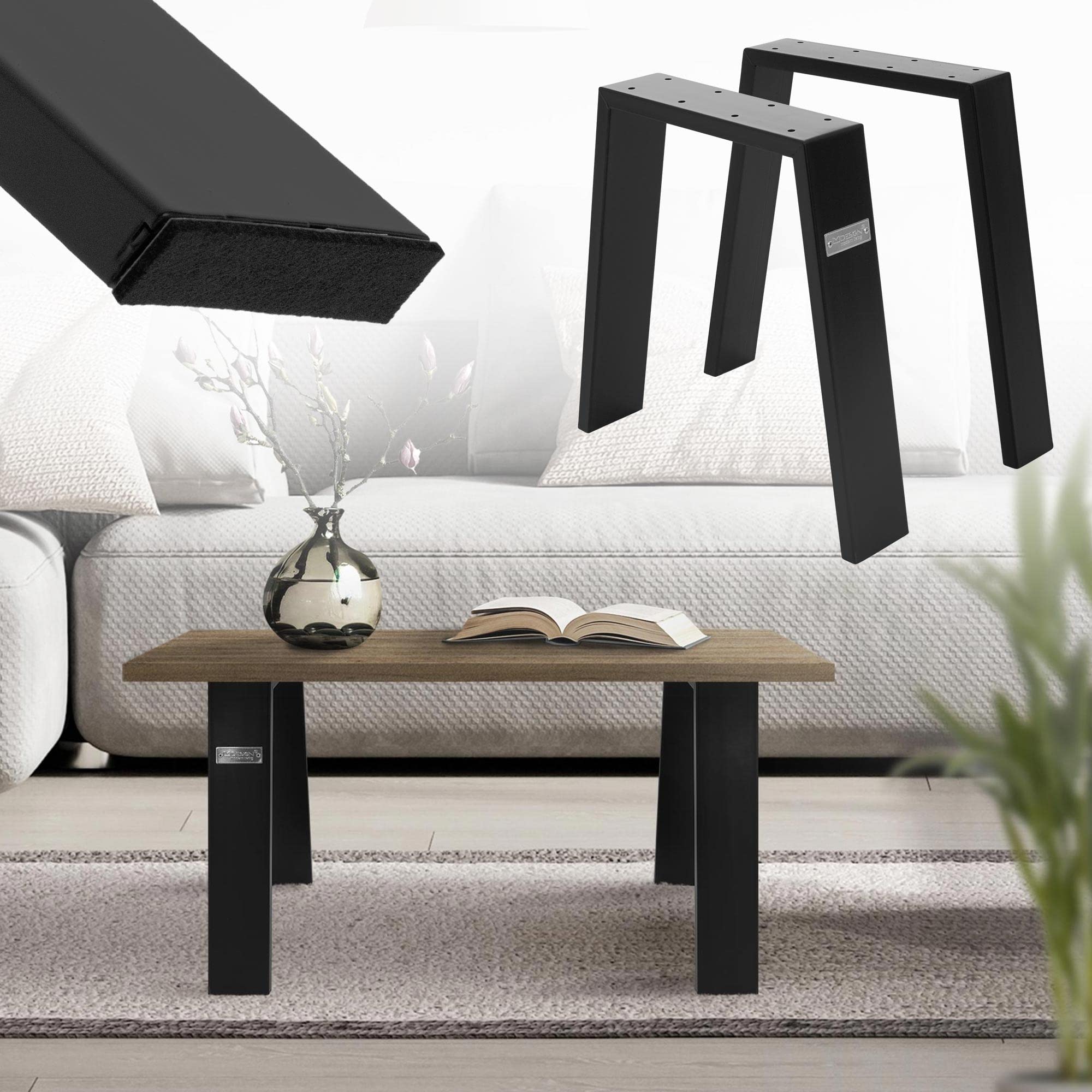 ML-Design Jeu 2X Pieds de Table Loft 44x42 cm, Noir, Profil 8x2 cm, Acier, Design Industriel, Forme en U, Piètement de Table Métal Scandic, Profilés Carrés, Patins de Meuble, Table Basse, Banquette