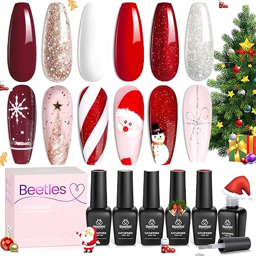 Beetles Christmas Gel Nail Polish – Candy Cane Gel Polish Set, 6 Color Burgundy Red Glitter White Silver Winter Snow Holiday Sparkle Manicure Kit Soak off Uv Nail Art Design Gifts for Women