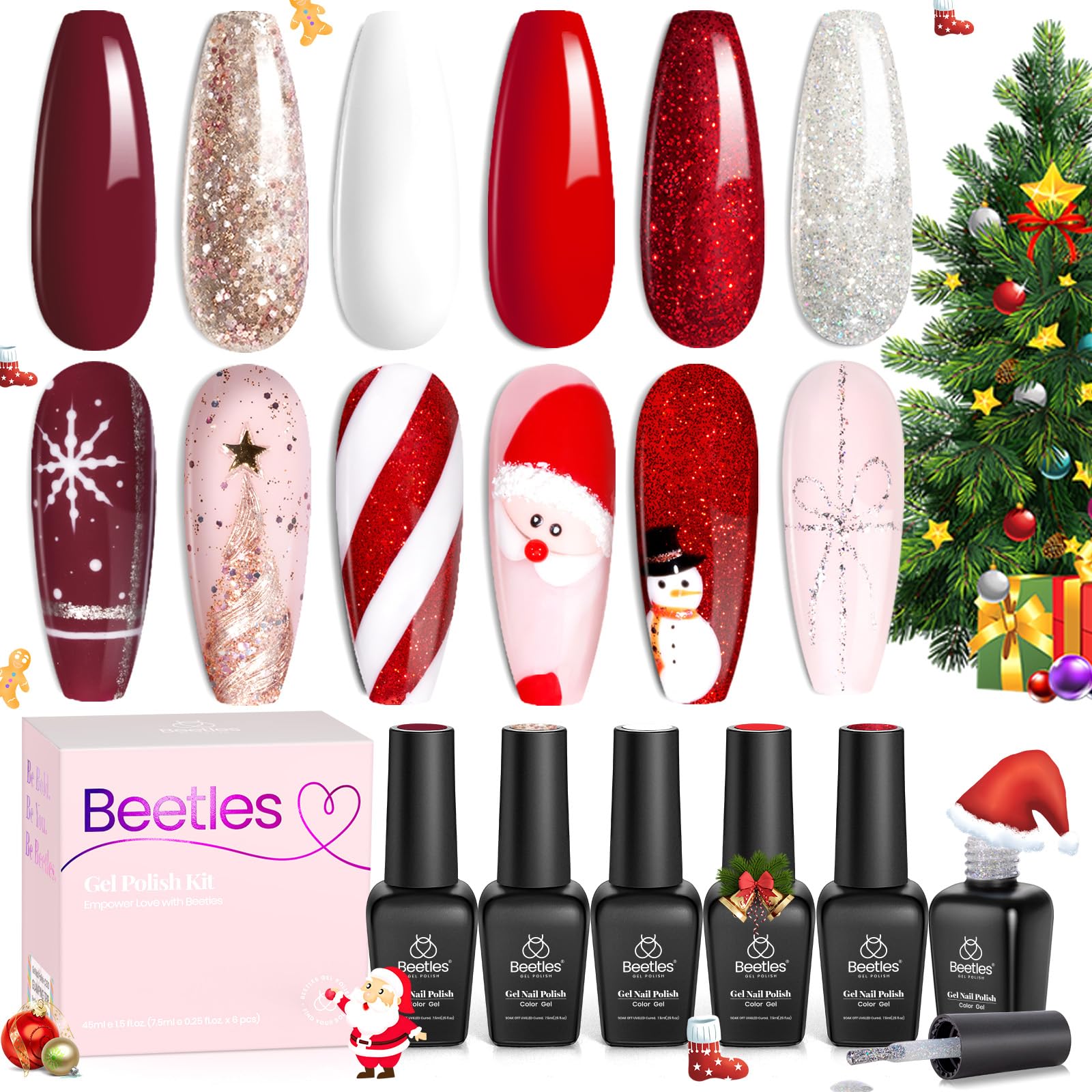 Beetles Christmas Gel Nail Polish – Candy Cane Gel Polish Set, 6 Color Burgundy Red Glitter White Silver Winter Snow Holiday Sparkle Manicure Kit Soak off Uv Nail Art Design Gifts for Women