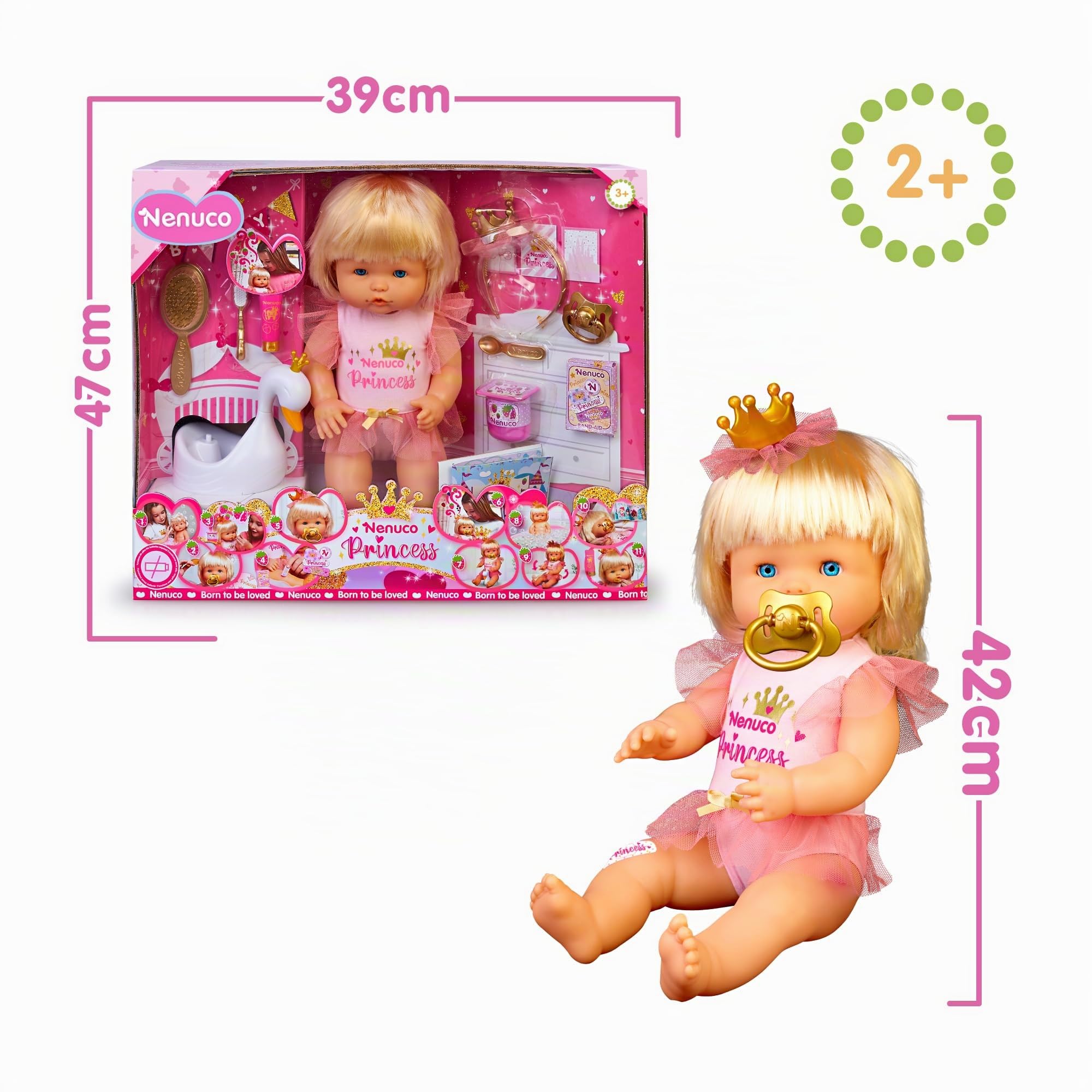 Nenuco - Princesse, poupée bébé aux Cheveux blonds, 42 cm, Portant des vêtements de Princesse et Une Couronne, 11 Fonctions et 10 Accessoires de Soin et Nourriture de Jeu, +2 Ans