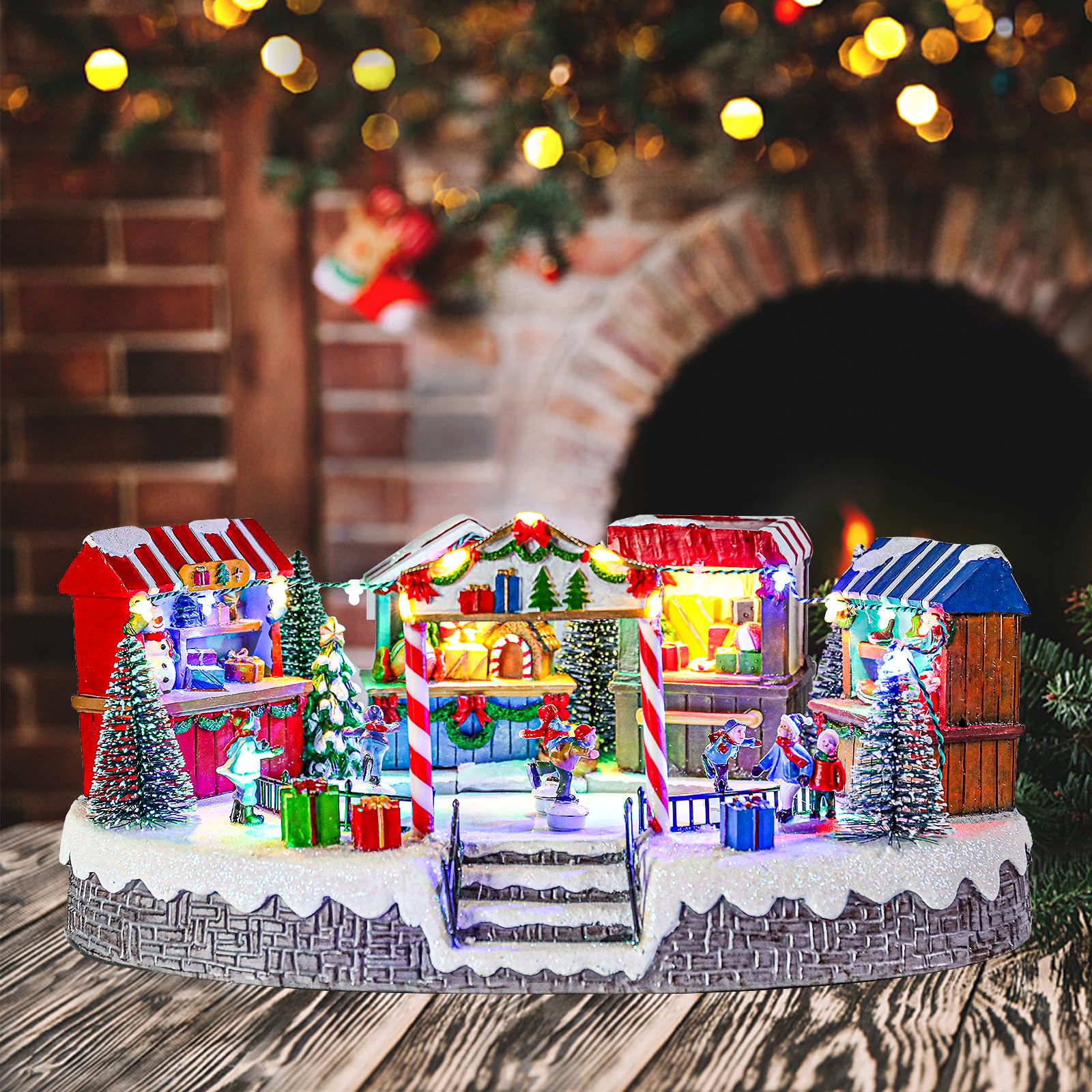 MUMTOP Patinoire de village de Noël avec patineurs mobiles, patinage sur glace animé lumineux et magasin de jouets avec musique pour décoration de table de Noël en intérieur