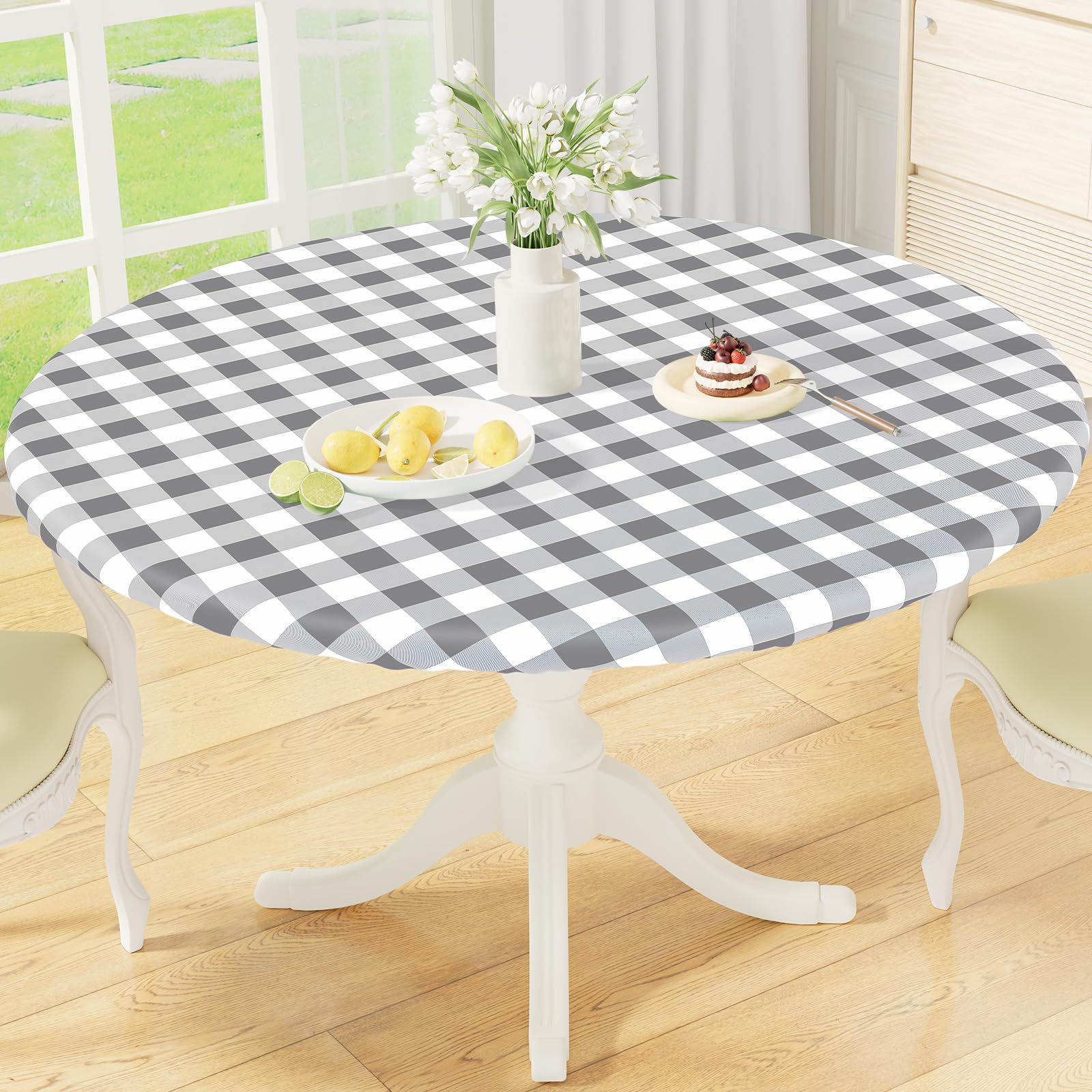 misaya Round Fitted Tablecloth with Elastic Edge, Buffalo Plaid Waterproof Vinyl Flannel Backed Table Cloth Cover Fits 25"-30" Round Tables for Dinner, Outdoor, Picnic, Grey White Check