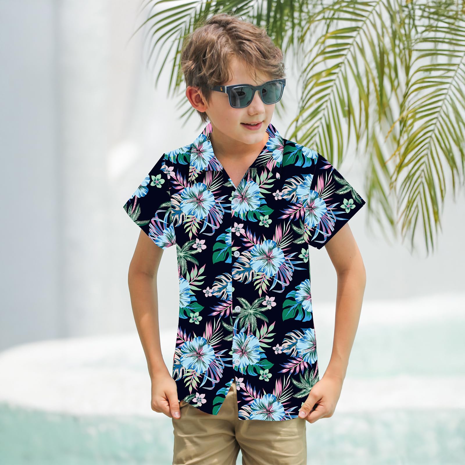 Boys Hawaiian Floral Aloha Print Shirt Button Down Dress Shirt for 7-14 Years - 3
