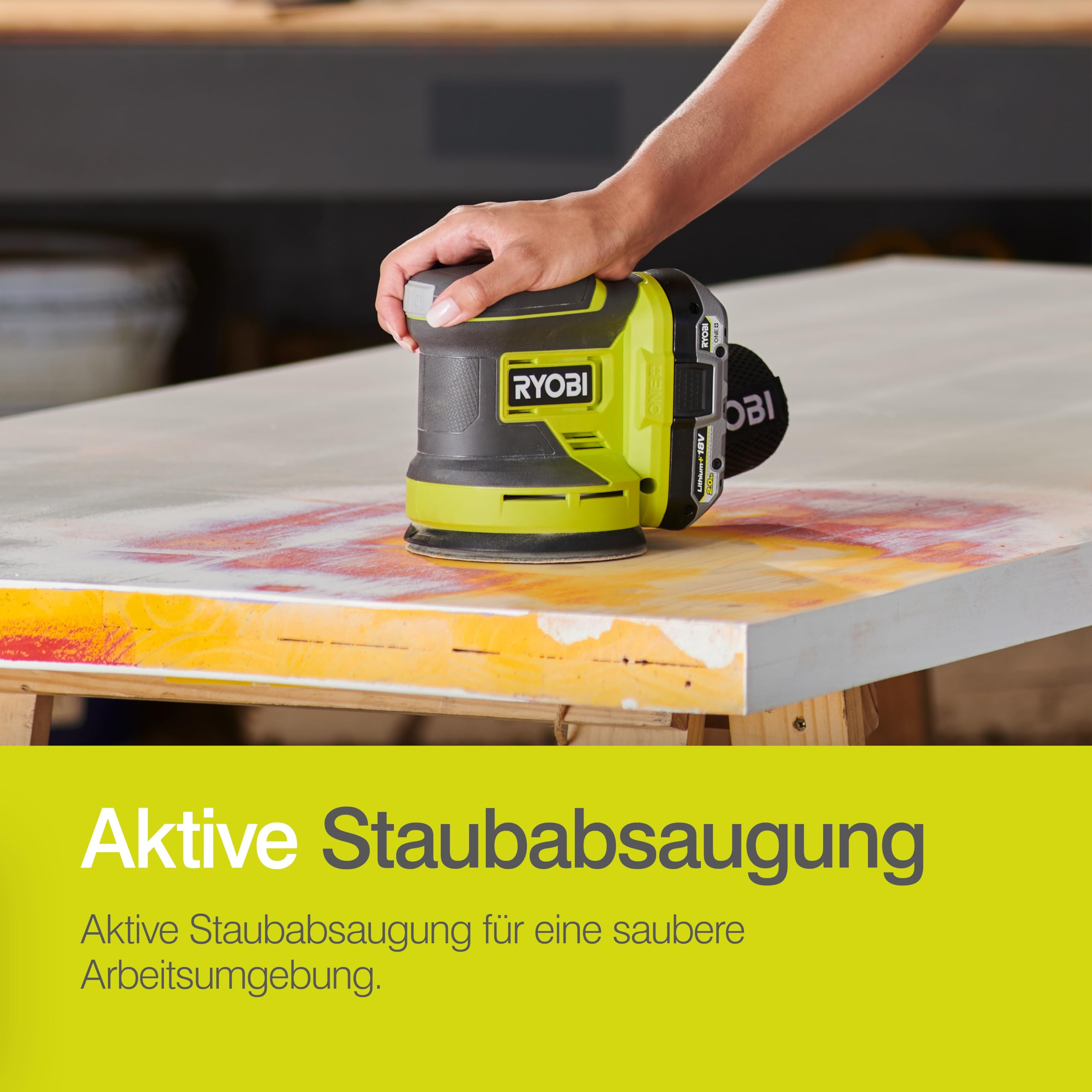 RYOBI 18 V ONE+ Akku-Exzenterschleifer RROS18-0, 125 mm Schleifteller, 2,5 mm Schwingkreis, Effiziente Farbentfernung, Kompatibel mit Werkzeugsystemen