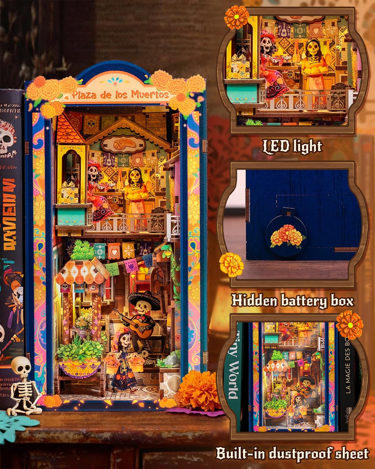 CUTEBEE Book Nook Kit - Miniaturowe domki lalkowe DIY meksykańska fiesta, Żywy model uliczki z LED, Prezent dla rodziny i przyjaciół (Plaza de los Muertos)